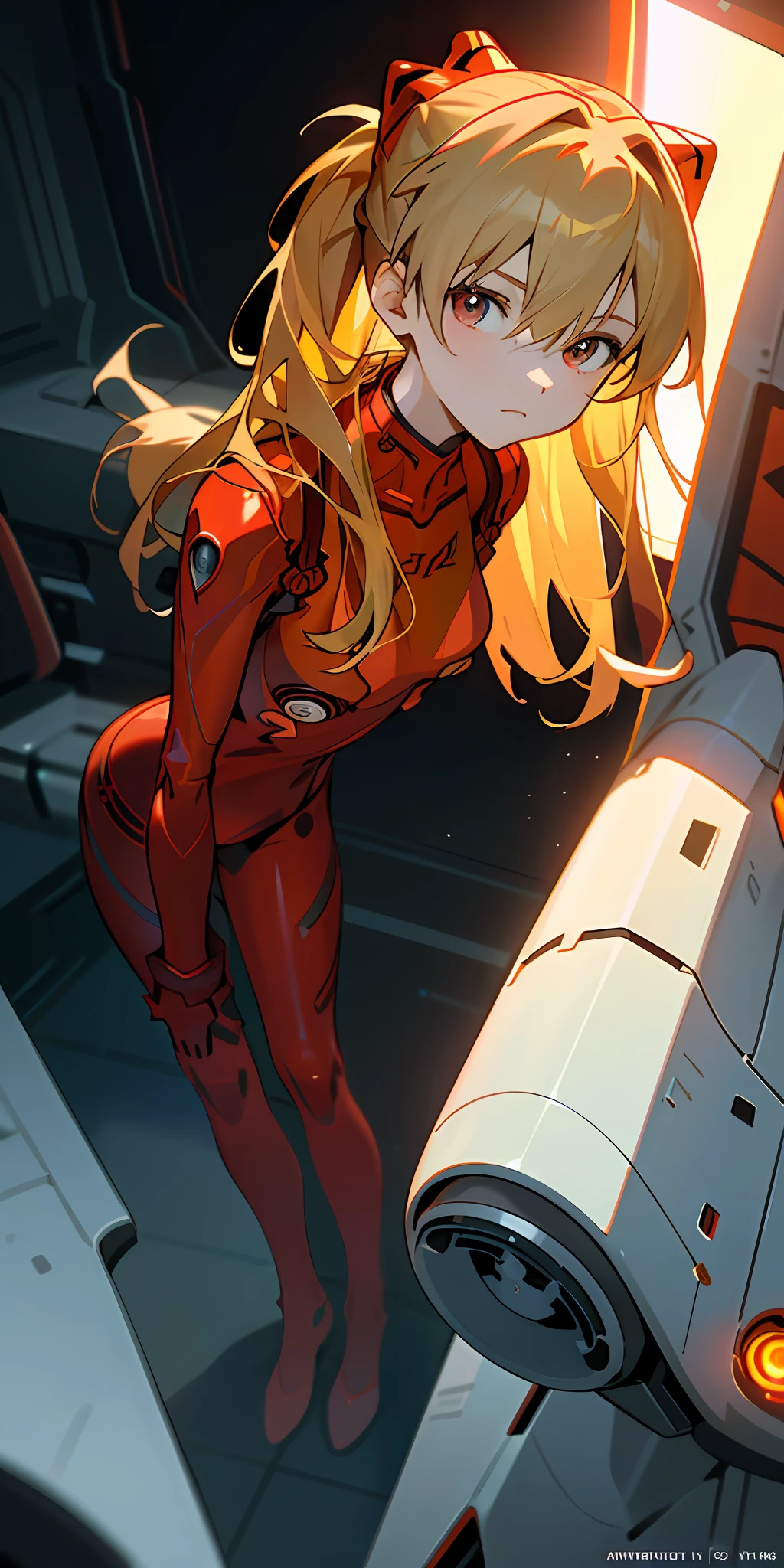 (Overhead view),dynamic angle,ultra-detailed, illustration, close-up, straight on, 1girl, 
 ((souryuu asuka langley, interface headset, red bodysuit:1.4, blonde)),Her eyes shone like dreamy stars,(glowing eyes:1.233),(beautiful and detailed eyes:1.1),(expressionless,closed mouth),(standing), 
(mechanic room with toolsand spaceship windowin a white SPACESHIP),
(night:1.2),dreamy, [[delicate fingers and hands:0.55]::0.85],(detail fingers),