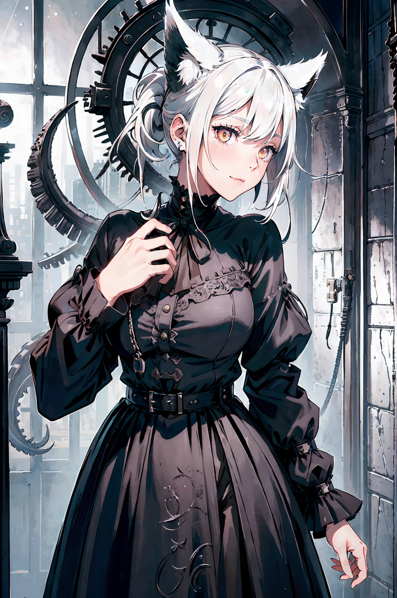detailed art, ultra-detailed, 150mm analog lens, complex details, hyperrealistic, ultra-detailed, octa-based rendering, 8k post-production, iridescent colors, night, (realistic, photo-realistic:1.4), gloomy atmosphere, moonlight, detective, victorian theme, antiquity, steampunk, men of medan, gloom, cthulhu, fog, ((1girl)), girl, ((black and white hair)), wolf ears, half hair black, half hair white, two-tone hairstyle, thigh-length, white hair, 2 hair tones,  2 hair colors, dark, very dark, nighttime, no bright light, lovecraft, ((horror)), fear, ((Lovecraft)), evil smile,