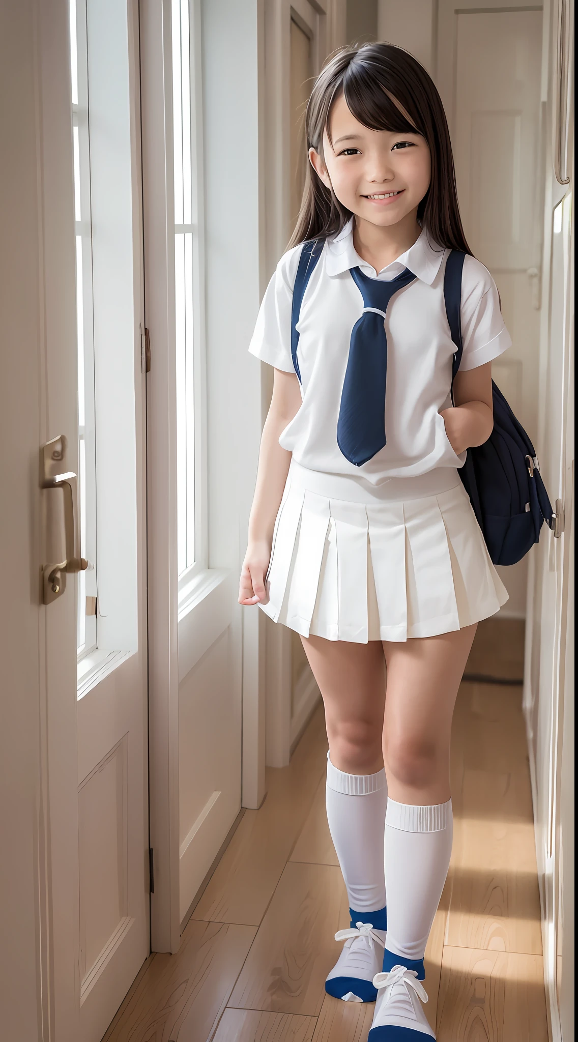 Top quality, schoolchild, , 12 yile, happiness, white panties, school uniform, ((( Towering body, towering socks)),