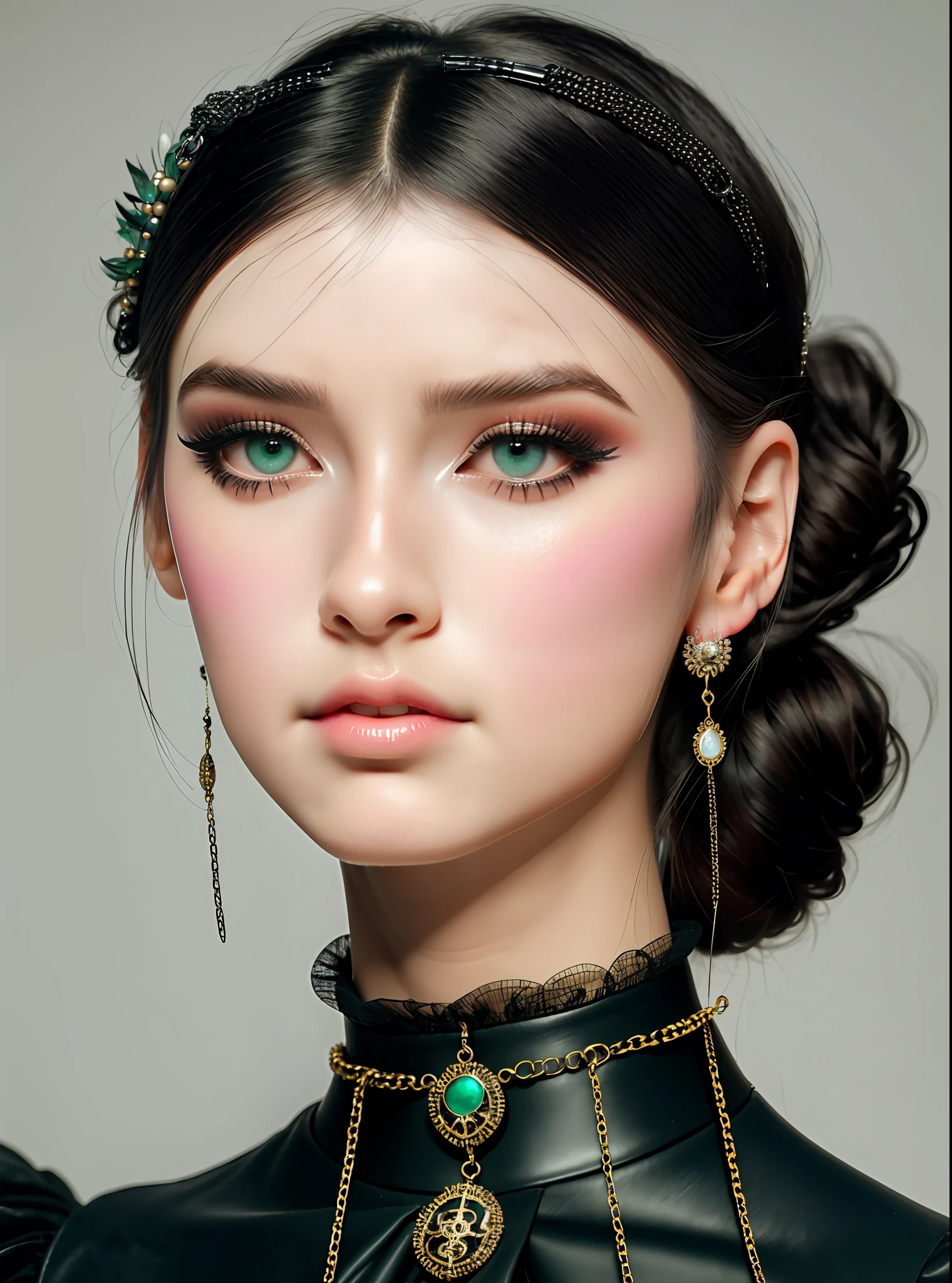 cute, ultra-detailed, illustration, intricate, detailed, extremely detailed, detailed face, soft lighting, soft light, soft focus, perfect face, beautiful, accurate anatomy, overexposure, 8k, 4k, (highres:1.1), best quality, (masterpiece:1.3), 1girl, solo, earrings, jewelry, short hair, hairband, white hair, eyelashes, parted lips, makeup, eyeshadow, black hairband, puffy sleeves, upper body, lips, looking at viewer, green eyes, black dress, dress, bangs, chain, mascara, choker