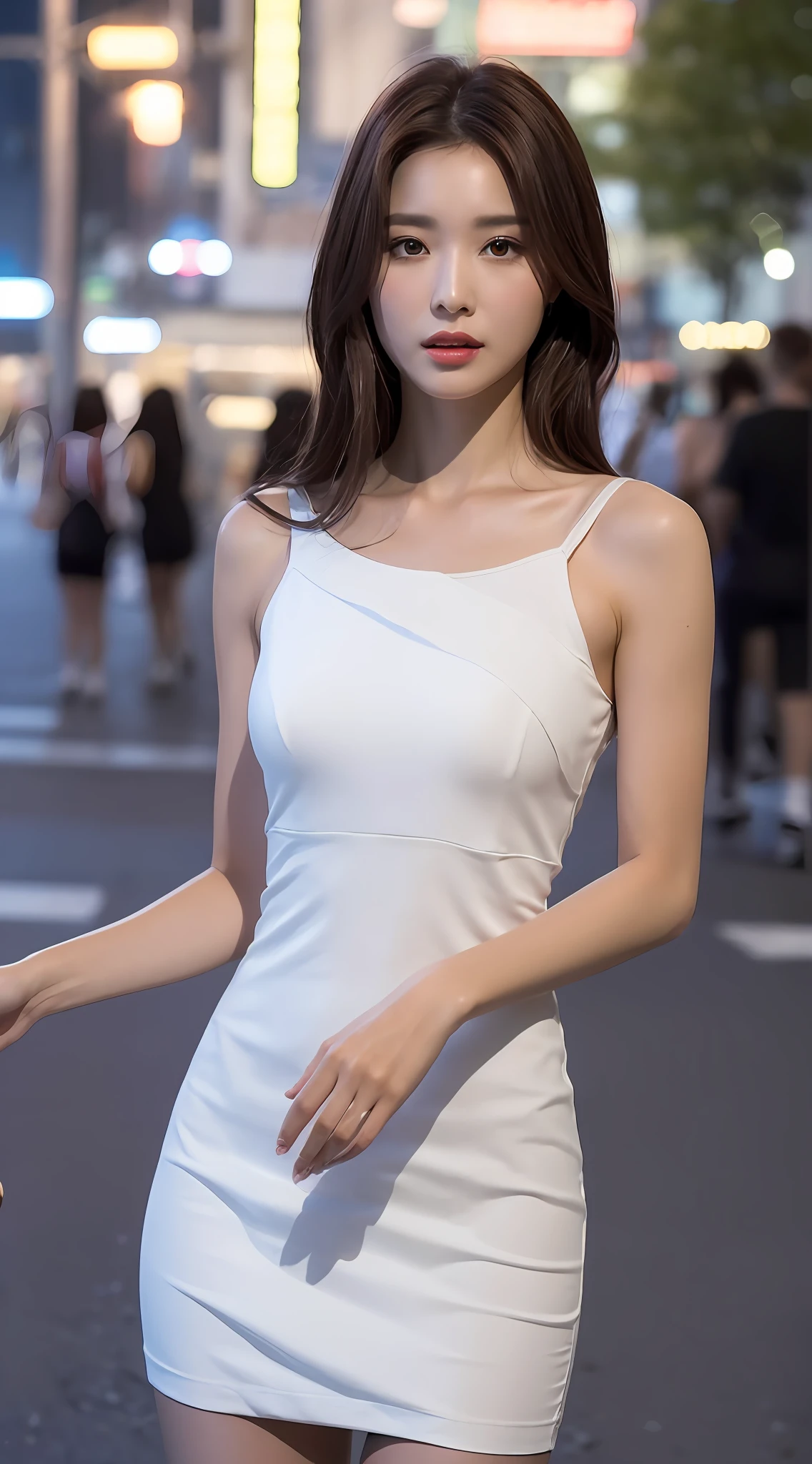 ((Realistic lighting, Best quality, 8K, Masterpiece: 1.3)), Clear focus: 1.2, 1girl, Perfect body beauty: 1.4, Slim abs: 1.1, ((dark brown hair)), (White dress: 1.4), (Outdoor, night: 1.1), City Street, Super Fine Face, Fine Eyes, Double Eyelids, (Over the knee black stockings: 1.5)