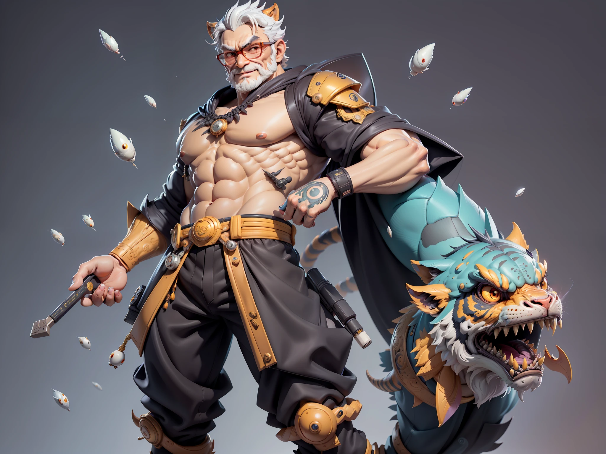 (Masterpiece), (Excellent), (Super Meticulous), (Full Body: 1.2), Super Young Man with Japanese Female Geisha, Pretty, Beautiful, Chinese Dragon, Tiger, Wind God Thor, Sexy, Bursting, Oriental Face, TV Anchor, Bust Portrait Illustration, Black Suit, Blue Tie, Slightly Chubby Face, Silver Glasses, Very Clean Face, No Beard on Chin, Black Super Short Hair, Black Eyes, Confident Smile, 3c Computer Sub-Products, iPad, iPhone, Digital Painting, 3D character design by Mark Clairedon and Pixar and Hayao Miyazaki and Akira Toriyama, the illustrations are HD illustrations in 4K resolution with highly detailed facial features and cartoon-style visuals.