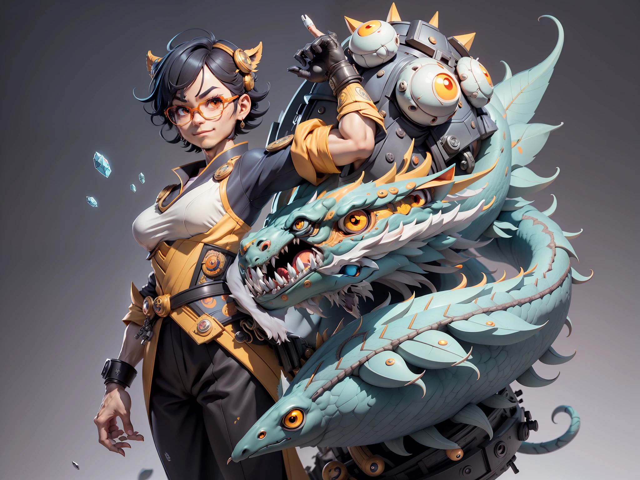 (Masterpiece), (Excellent), (Super Meticulous), (Full Body: 1.2), Super Young Man with Japanese Female Geisha, Pretty, Beautiful, Chinese Dragon, Tiger, Wind God Thor, Sexy, Bursting, Oriental Face, TV Anchor, Bust Portrait Illustration, Black Suit, Blue Tie, Slightly Chubby Face, Silver Glasses, Very Clean Face, No Beard on Chin, Black Super Short Hair, Black Eyes, Confident Smile, 3c Computer Sub-Products, iPad, iPhone, Digital Painting, 3D character design by Mark Clairedon and Pixar and Hayao Miyazaki and Akira Toriyama, the illustrations are HD illustrations in 4K resolution with highly detailed facial features and cartoon-style visuals.