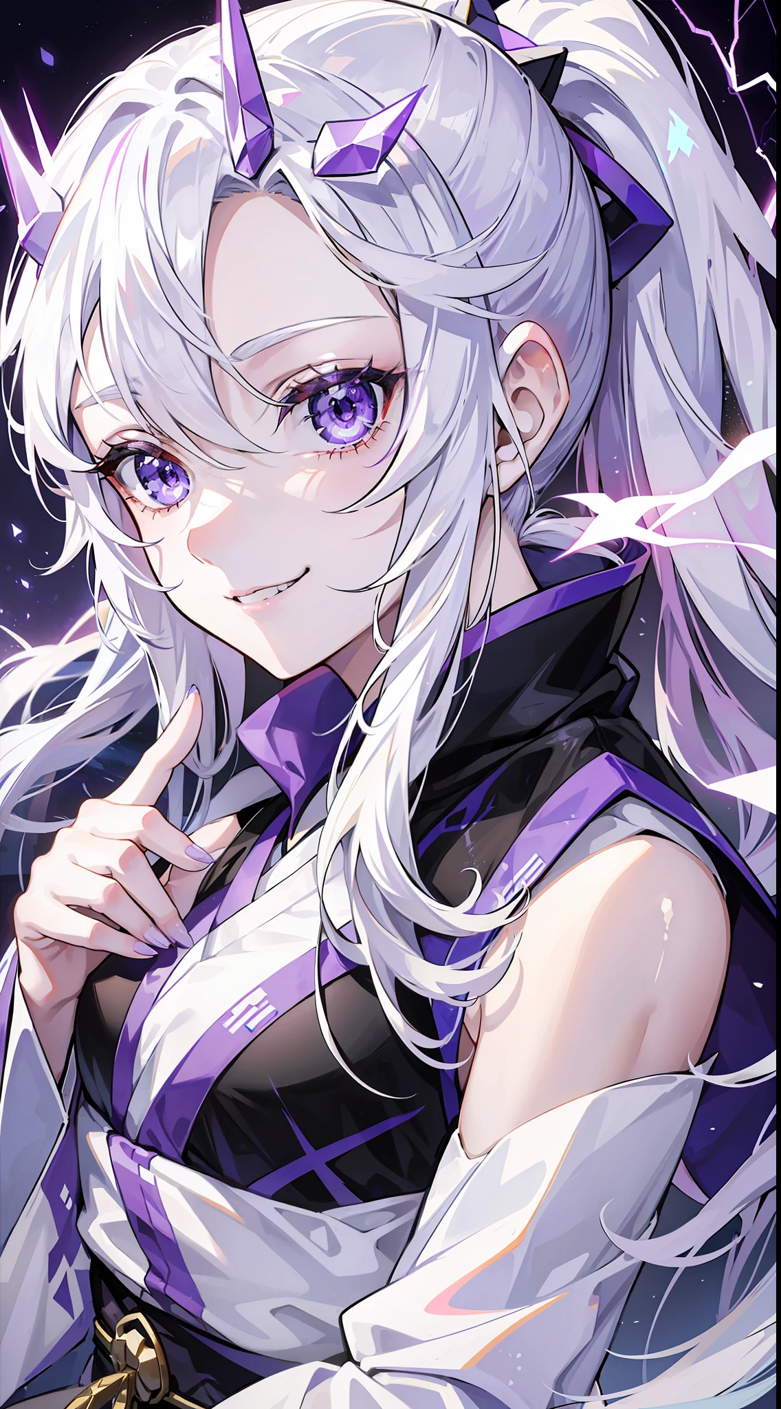 Young girl, long white hair, high ponytail, purple eyes, white hanfu, smirk, ice claws, lightning, masterpiece, high quality