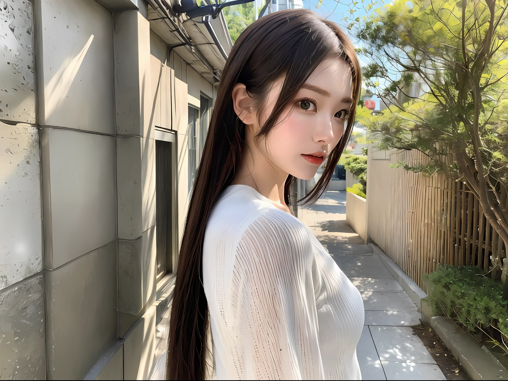 (8k, highest quality, masterpiece: 1.2), (hair_style), (realistic, photorealistic: 1.37), plump eyes, highest quality, masterpiece, standing in front of a white wall, [small breasts], professional lighting, shooting the whole body of the subject from a distance, angle from behind, shot in natural light from morning to noon, fashion style of Japan trend in 2023, real, Super detail, 30s, actress, elaborate CG, slender, hairstyle is straight straight hair, delicate skin type, emphasizes hair luster,
