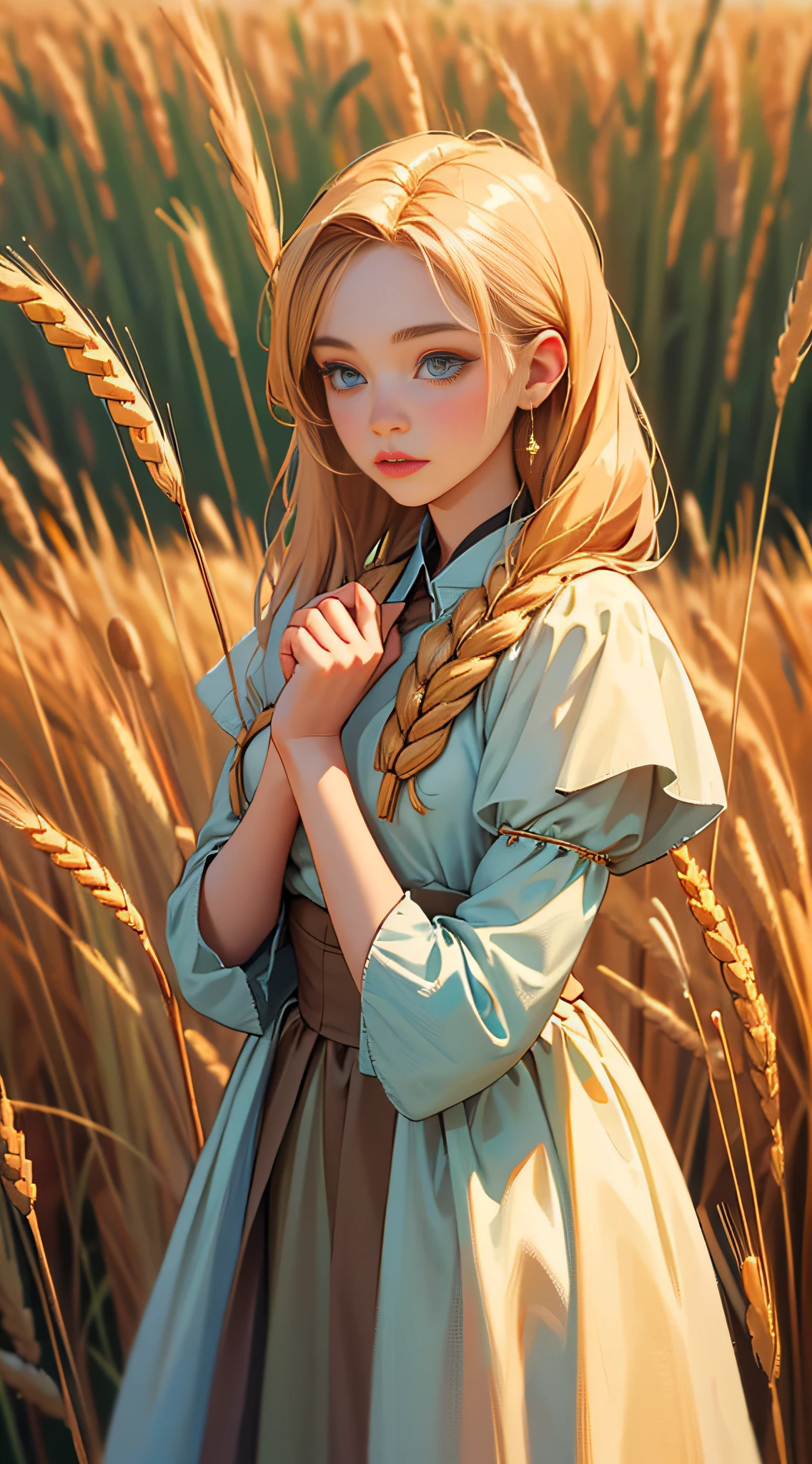 Masterpiece, best quality, 1 girl, maiden in the wheat, super detailed, super HD, high quality, highest quality, 32k