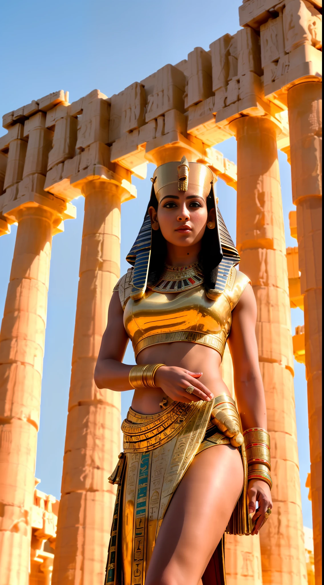 (raw photo, 8K, ultra high res, photo-realistic:1.4), beautiful Cleopatra, (luxurious Egyptian attire:1.3), (exotic jewelry:1.2), standing in front of the (Parthenon:1.4), (marble pillars:1.2), richly textured stone, Greek flag in the background, strong directional sunlight, detailed shadows, realistic style.