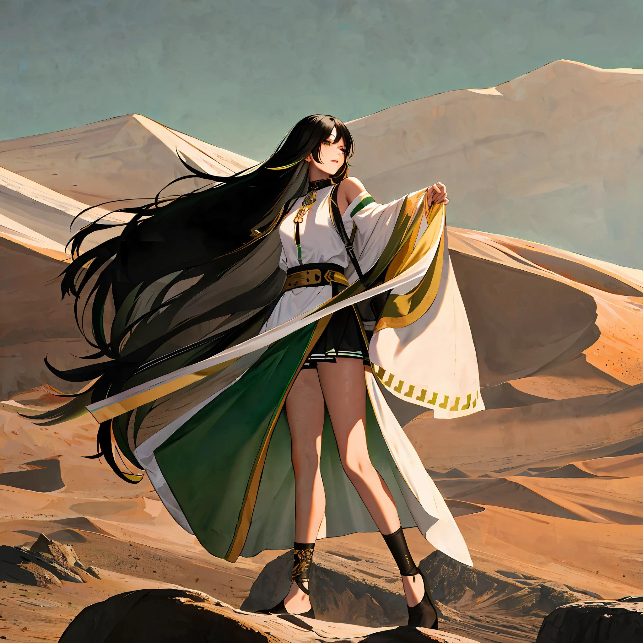 Adult female, Long black hair with a green streak down the middle, wearing a white shirt with a shoulder strap, short green skirt with gold trim, standing on a rock, facing the desert, holding a fan
