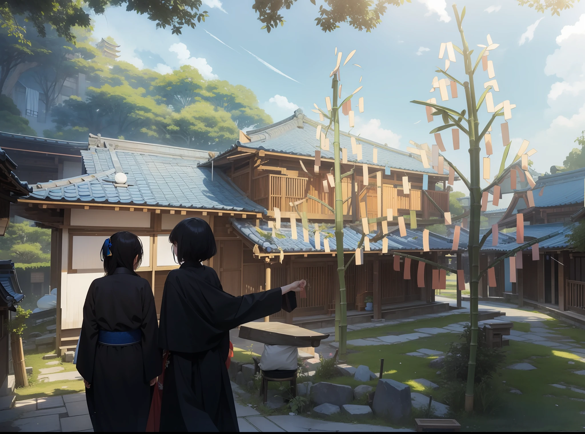 ((masterpiece)),best quality, ultra-detailed CG,high precision, Tokyo atmosphere,traditional Japanese homes],Tanabata ,Bamboo leaves,Two men and women in yukata[position:2],Back, man pointing with right hand, Tanabata ornament,[-:] (bamboo with five-color strips),Passionate [positive emotion], 28 years old, outdoors[location], daytime, escape to the blue sky, blue sky, wide sky, enclosed sky, pale hue, Optimistic [情绪], white wall storehouse building on right, stone desk, stone chair, bright garden, fantastic color sky