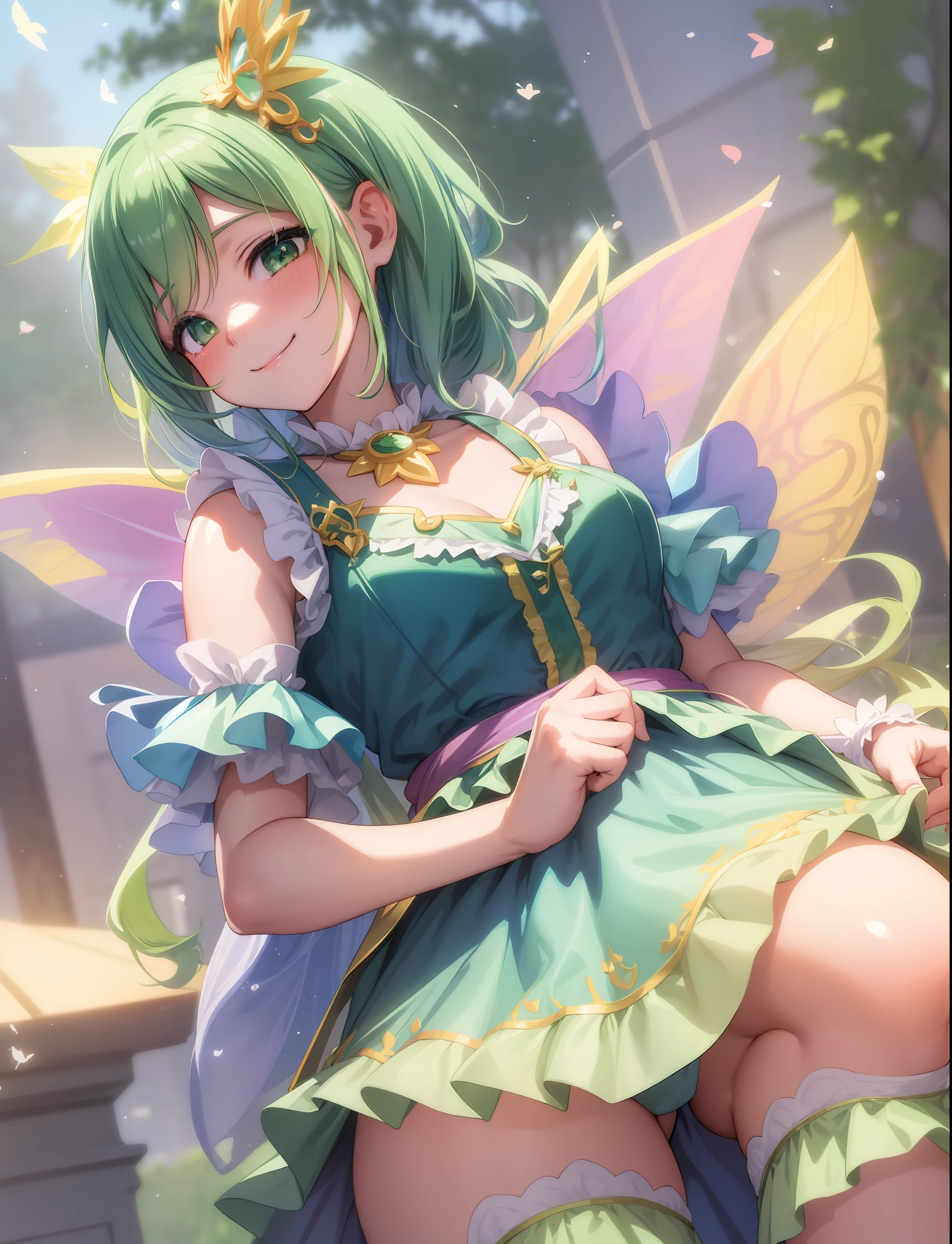 anime girl with green hair and blue dress posing for camera, splash art anime , extremely detailed artgerm, cute anime waifu in a nice dress, ! dream artgerm, smooth anime cg art, loliiling as a queen of fairies, portrait of a fairy, portrait of fairy, rin, artgerm. anime illustration
