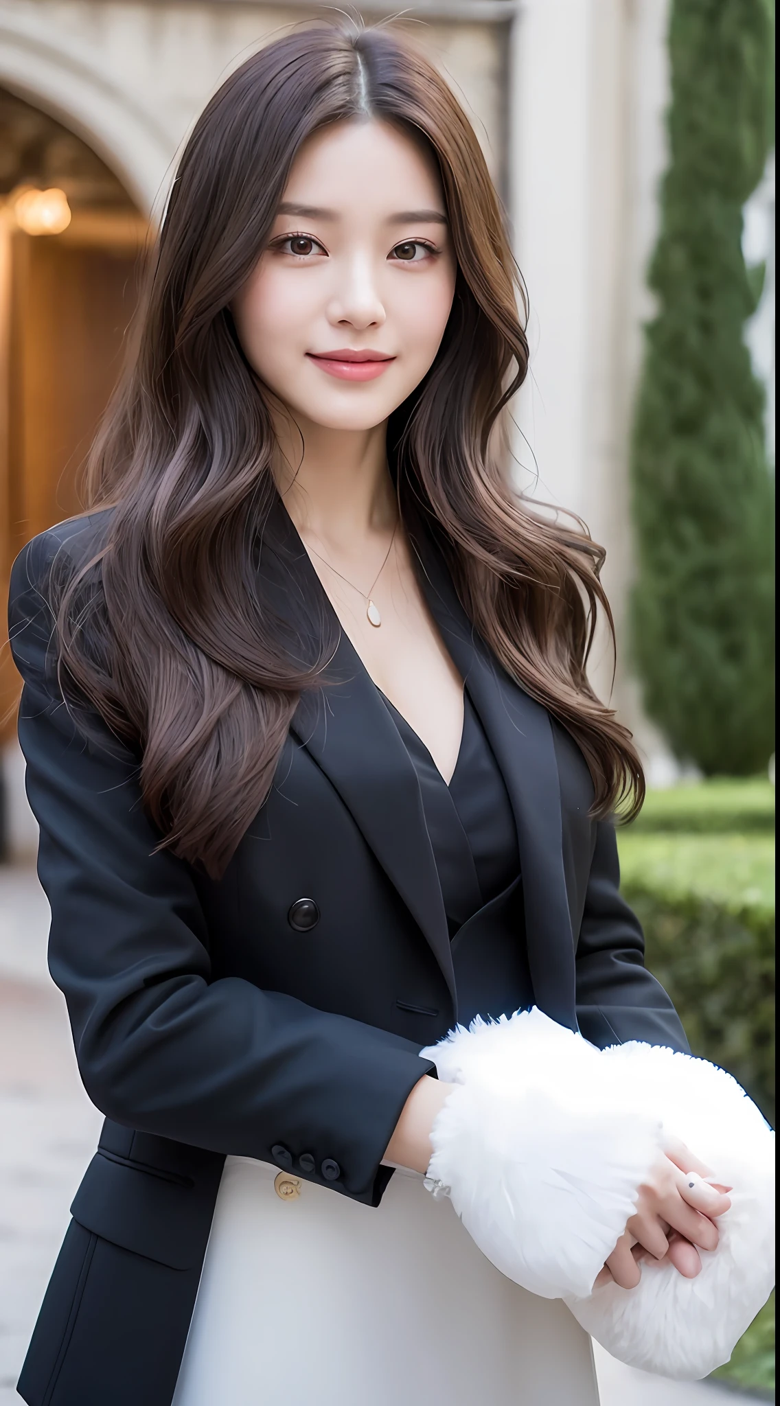 ((Best Quality, 8K, Masterpiece: 1.3)), 1girl, Slim Abs Beauty: 1.3, (Hairstyle Casual, Big Breasts: 1.2), then, based on the needs you provide, here is my answer: She wears a black suit with a slim cut to show off her slender figure to the fullest. The transparent white shirt is slightly revealed through the suit, showing the confidence and competence of women in her workplace. The details are meticulously crafted, with the fluffy, wavy hairstyle falling from behind the ears, creating a breath of freshness. A pair of watery eyes were indecipherable in color, barely recognizable in sunlight that they were dark brown, and at the moment there was a twinkle in her smile. The bridge of her nose is straight, her lips are slightly red, and her deep eyes and slender lips make her look like a heroine who came out of the painting. Wearing a delicate watch on her wrist, she adds a bit of calm and mature temperament, making people want to get close to her and feel the unique charm of her.