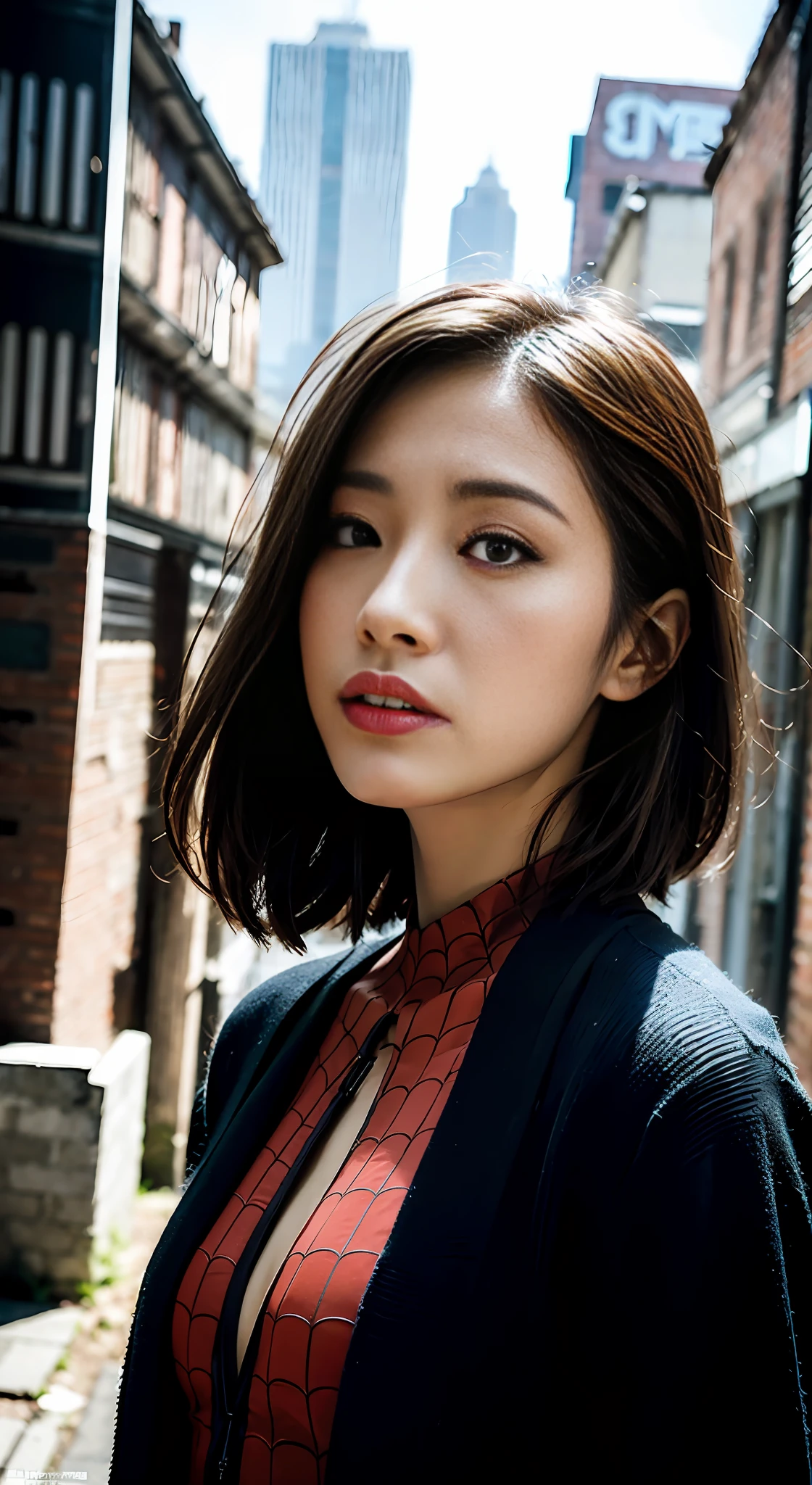 (1girl:1.3), solo, __body-parts__, official art, unified 8k wallpaper, super detailed, beautiful and aesthetic, beautiful, masterpiece, best quality, raw, masterpiece, super fine photo, best quality, super high resolution, photorealistic realism, sunlight, full body portrait, amazing beauty,, dynamic pose, delicate face, vibrant eyes, (from the front), she is wearing a Spider-man ripped suit, red and black color scheme, spider, very detailed abandoned warehouse background, Detailed face, detailed complex busy background, messy, gorgeous, milky white, highly detailed skin, realistic skin details, visible pores, sharp focus, volumetric fog, 8k uhd, DSLR, high quality, film grain, fair skin, photo realism, lomography, huge metropolis in future dystopia, seen from below, translucent