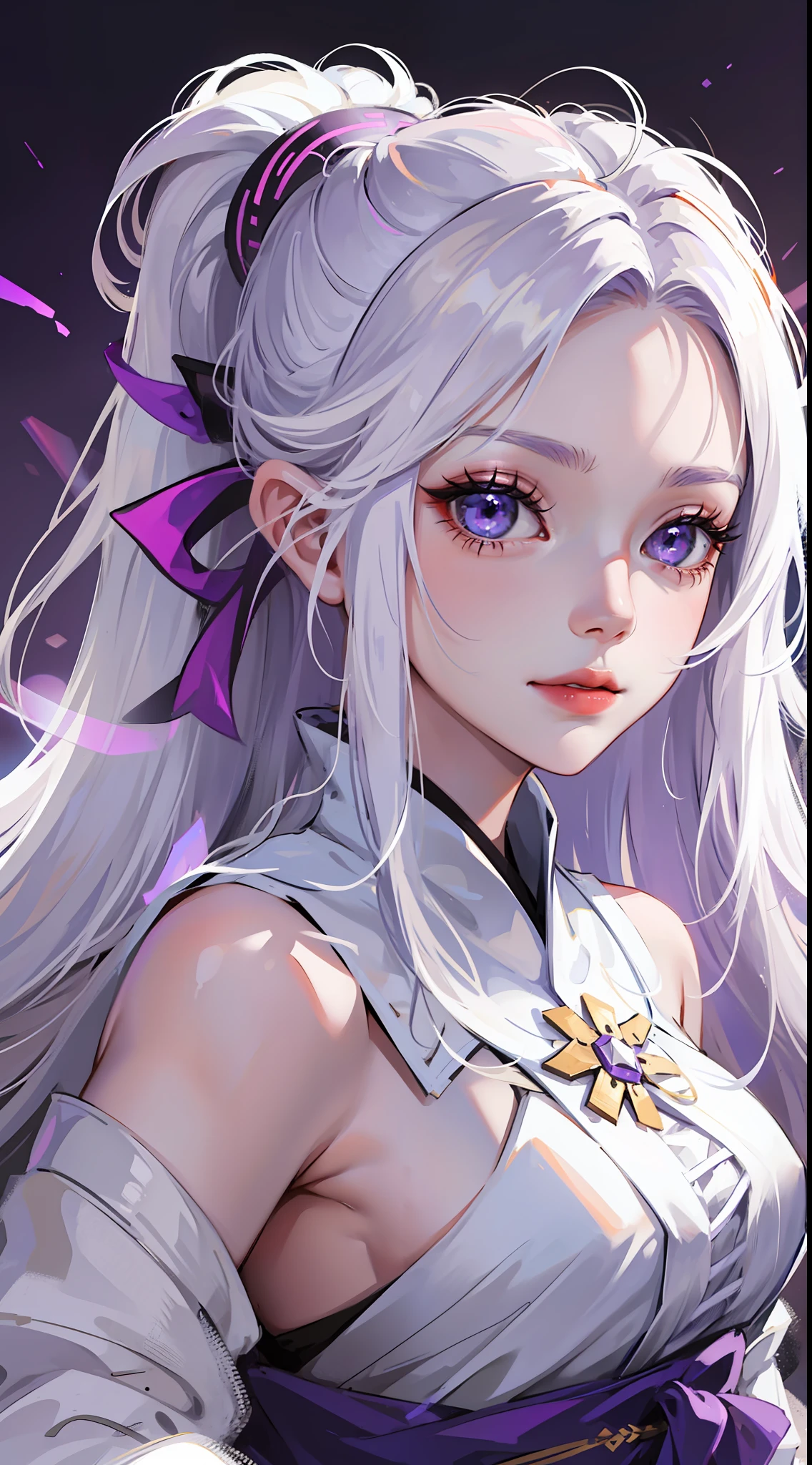 Young girl, long white hair, high ponytail, purple eyes, white hanfu, smirk, ice claws, lightning, masterpiece, high quality