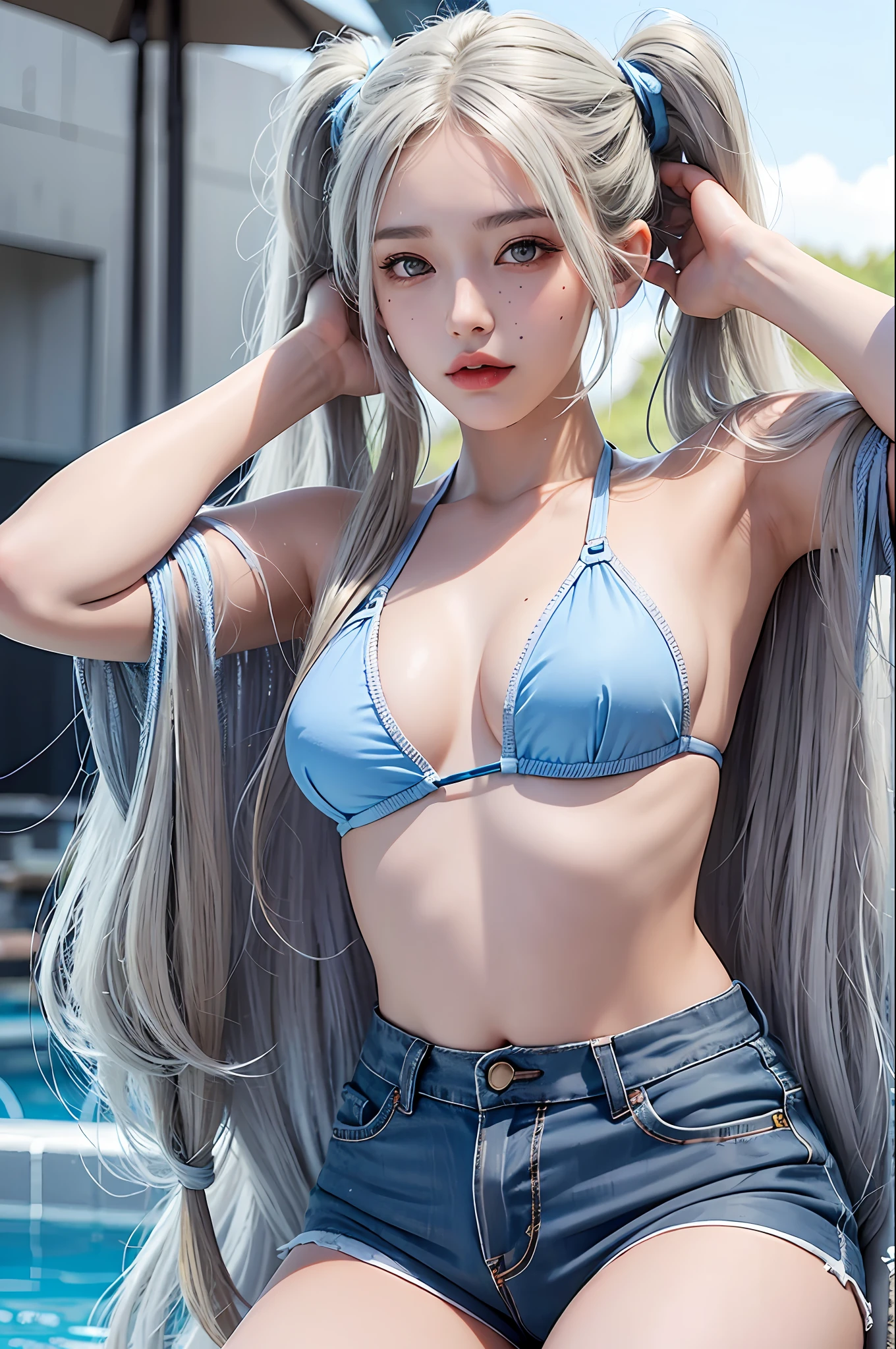 photorealistic, high resolution, 1 girl, gray hair, korean, heterochromic eyes, small moles under the eyes, bikini, big, blue hair, (blonde mesh), pool, swimming, outdoor, pigtails straight hair, shorts, princess cut,