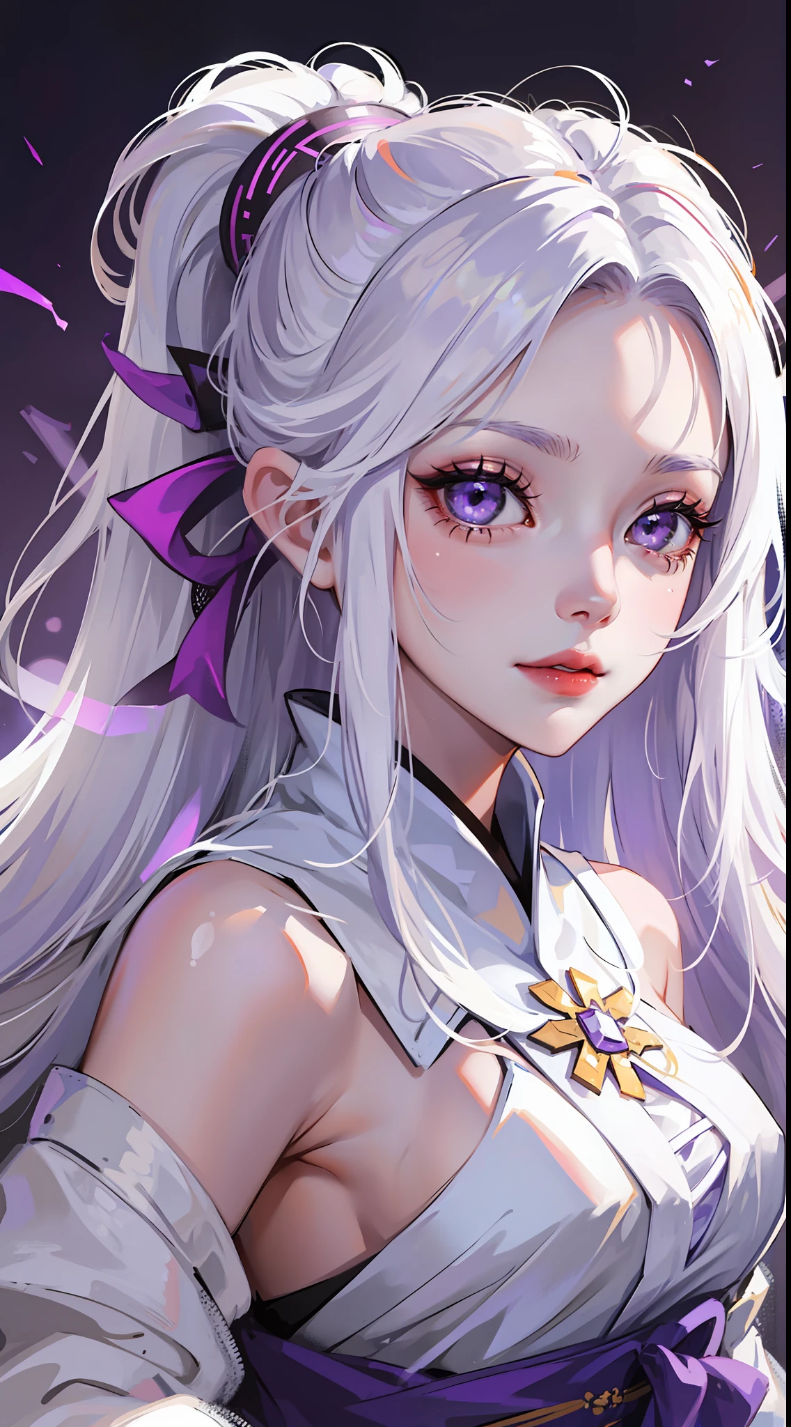 Young girl, long white hair, high ponytail, purple eyes, white hanfu, smirk, ice claws, lightning, masterpiece, high quality