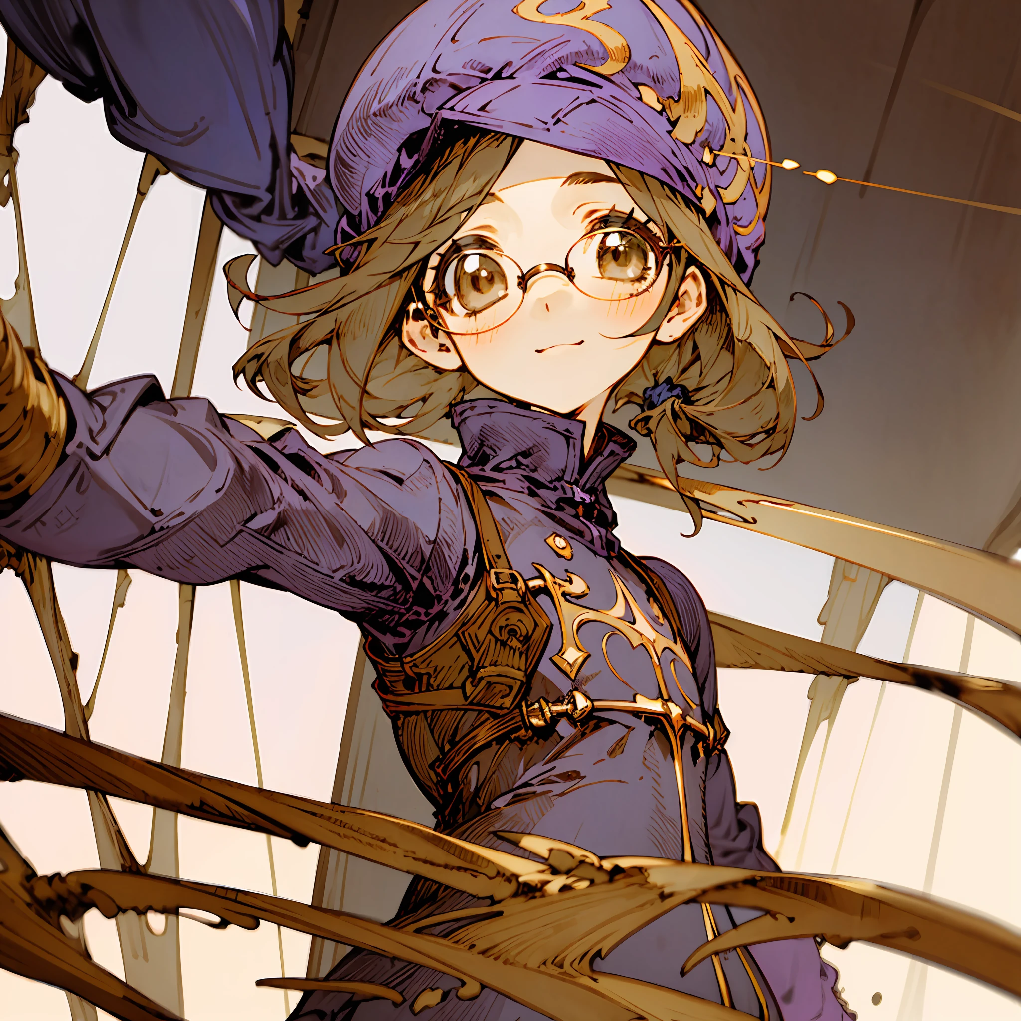 masterpiece, best quality, 1girl, portrait, short curly light brown hair, low short ponytail, round glasses, brown eyes, flat chest, black baggy shirt, purple open hoodie, purple cap, denim, casual, pov, gold trim, highres, loli, sidelighting, light particles, anime