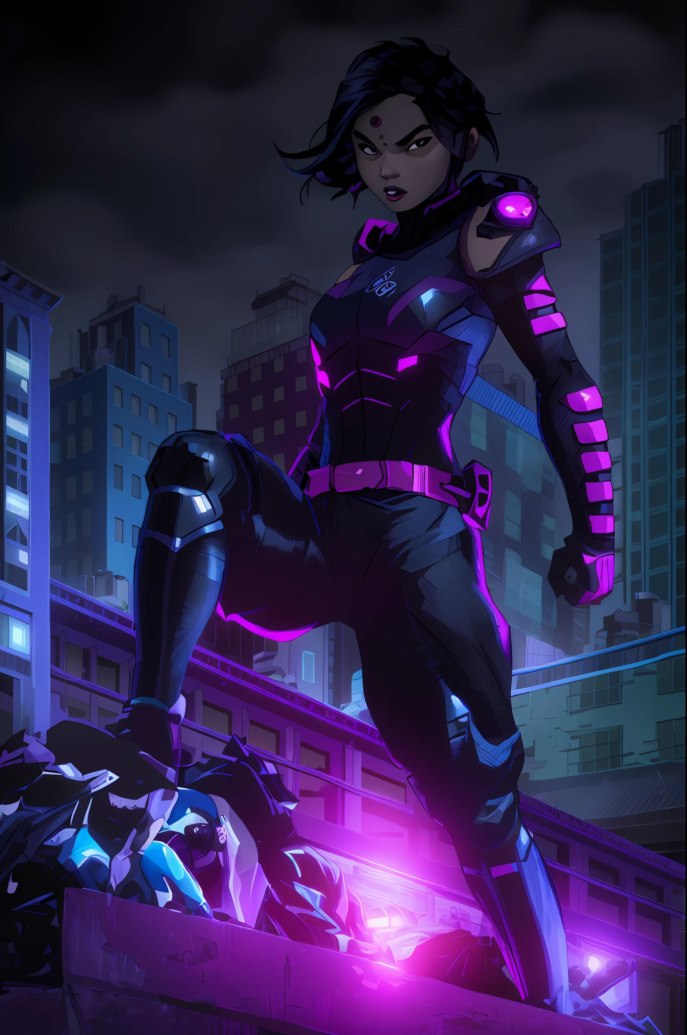 ninja super heroine, asian woman, trans woman, tgirl, cool ninja, little blue and pink details, small boobs, cool ninja, 8k, shadows, dark background, vigilant superheroine, dark, cute, background is a dark city at night