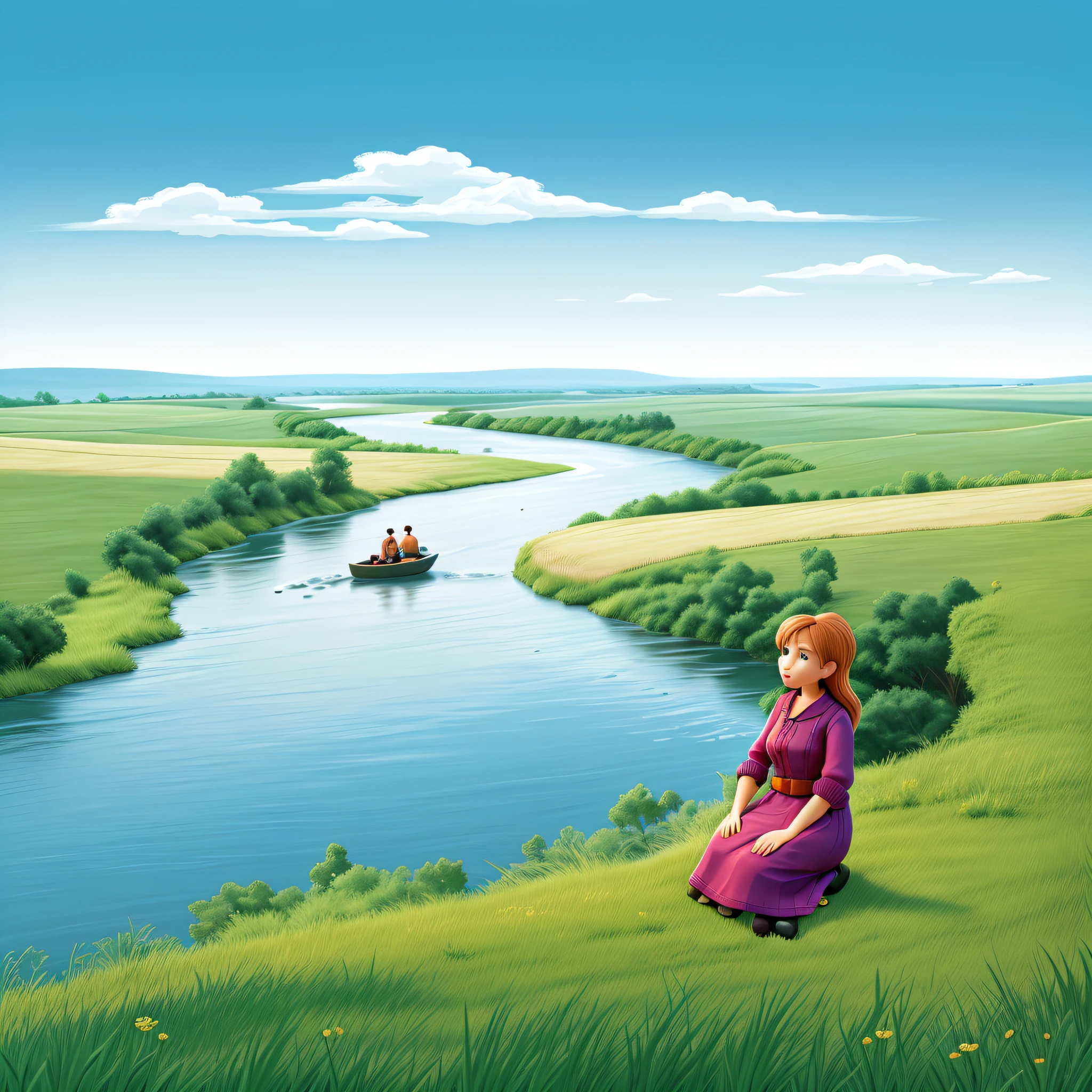 painting of a woman sitting on a hill overlooking a river, near a river, sitting near a river, beside a river, next to a river, beside the river, she is walking on a river, next to a small river, river in the background, peacefully drinking river water, by Igor Grabar, peaceful scene, great river, of a river, official illustration