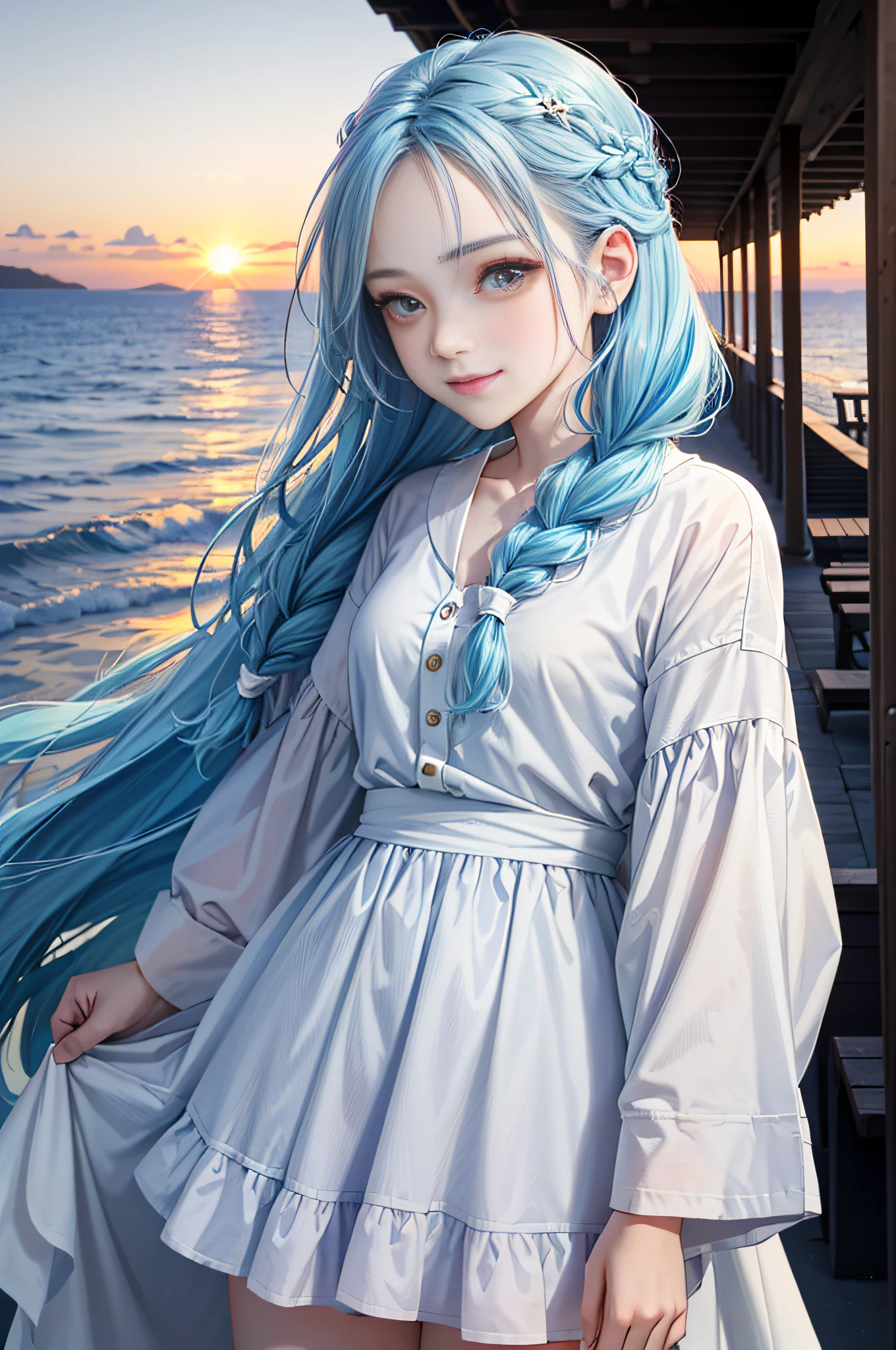 (Facial Focus), (1 Girl, Female, Woman, Solo, Pale Skin, Casual Fashion, Kawaii), (Long Hair, Single Braided Hair, Light Blue Hair, Cute Face, Light Smile), (By the Sea), Milky Way, Sunset,