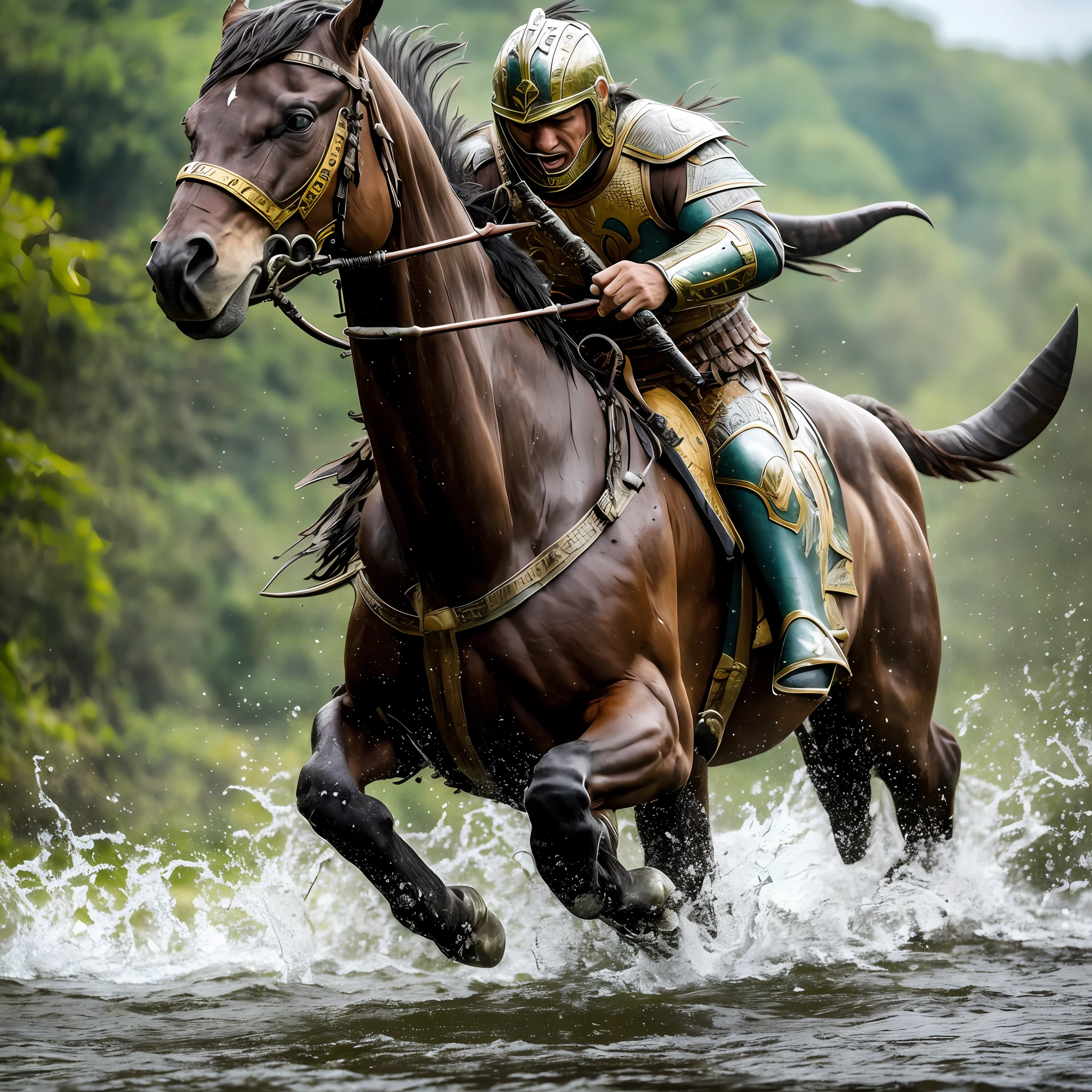 Close up Scythian warrior, angry, muscular, running in water, being chased by an aggressive dinosaur, high resolution, 8k, full scale, wide background, grass, troops, sword, sun, national geographic, jungle, professional foto --auto --s2