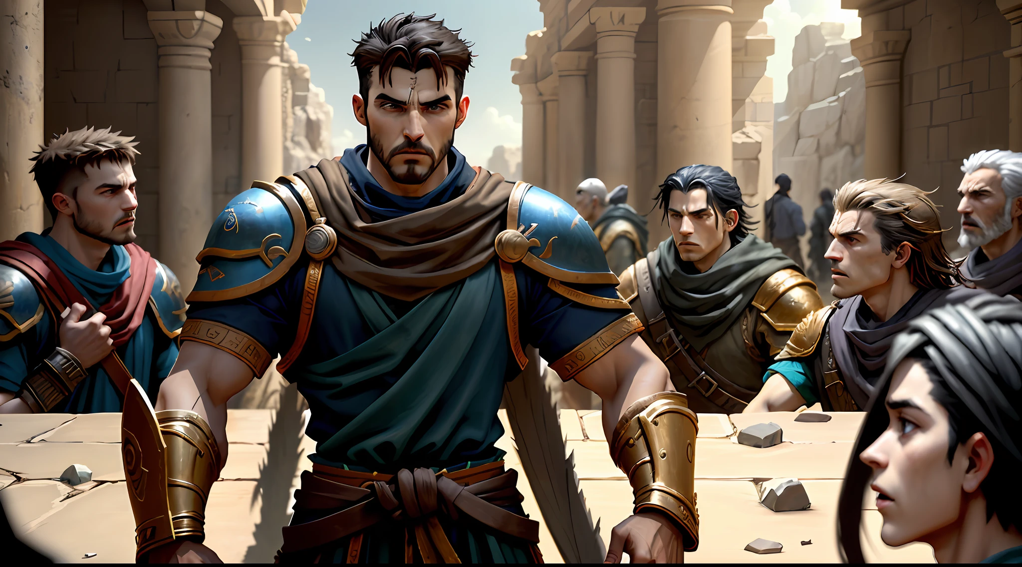An artistic depiction of Jacob conversing with the sons of Laban, with facial expressions charged with tension and conflict with clothing, features and scenes of biblical times, all at least 30 years old, image in high resolution,4k,8k,