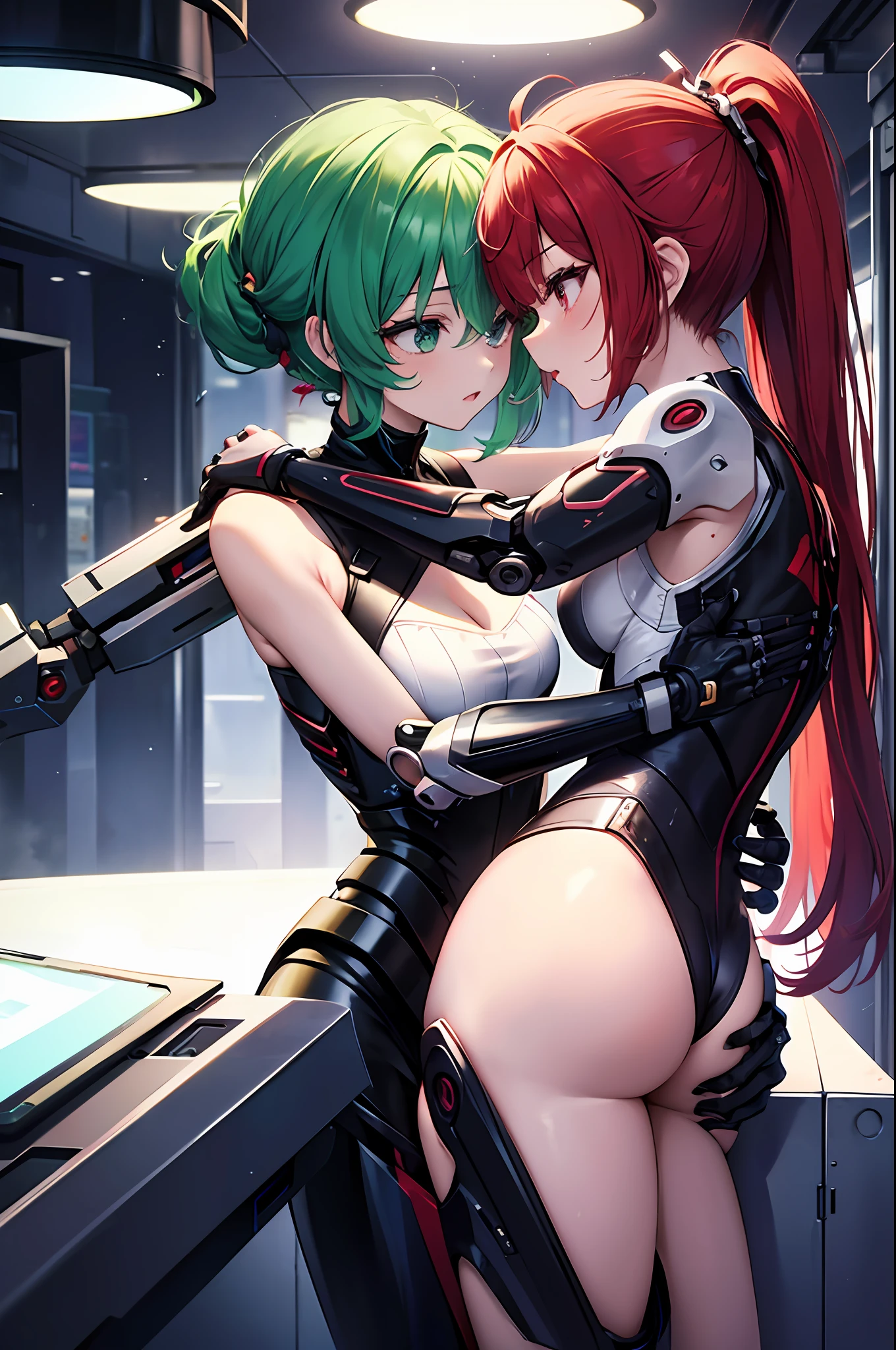 Top quality, masterpiece, ultra-detailed, accurate depiction, very delicate 8k wallpaper, (transcendent beautiful girl with short green hair), (Close eyes), (yuri), hug, kiss, (two girls:1.5), BREAK, (exoskeleton leotard, mechanical joints, mechanical limbs), bare shoulders and armpits, absolute area, BREAK, (transcendent beautiful girl with red ponytail), cyberpunk,