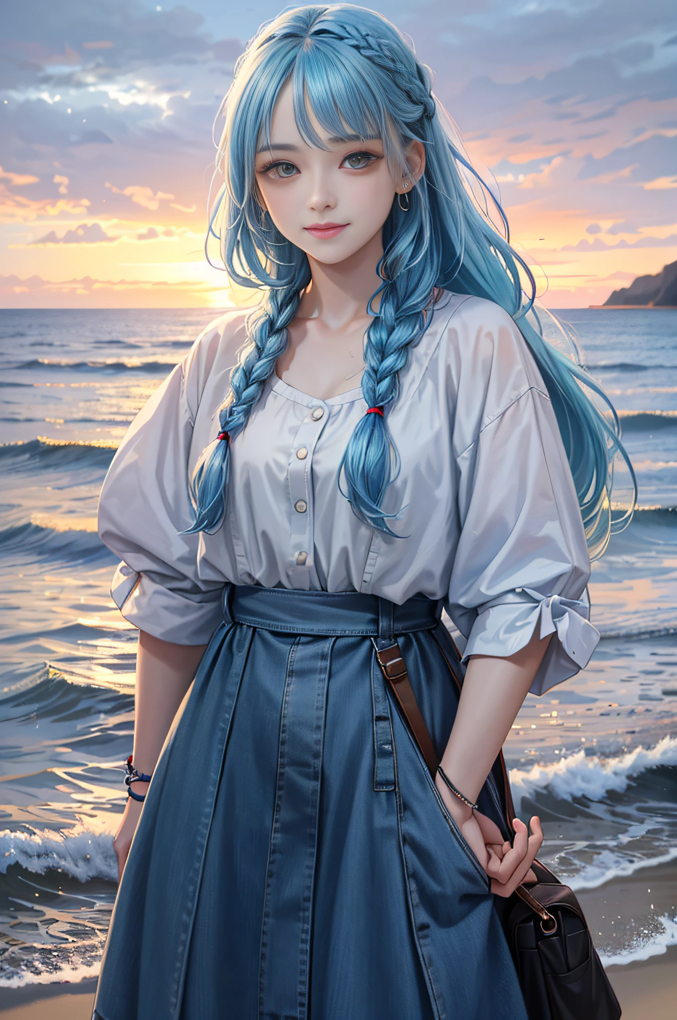 (Facial Focus), (1 Girl, Female, Woman, Solo, Pale Skin, Casual Fashion, Kawaii), (Long Hair, Single Braided Hair, Light Blue Hair, Cute Face, Light Smile), (By the Sea), Milky Way, Sunset,