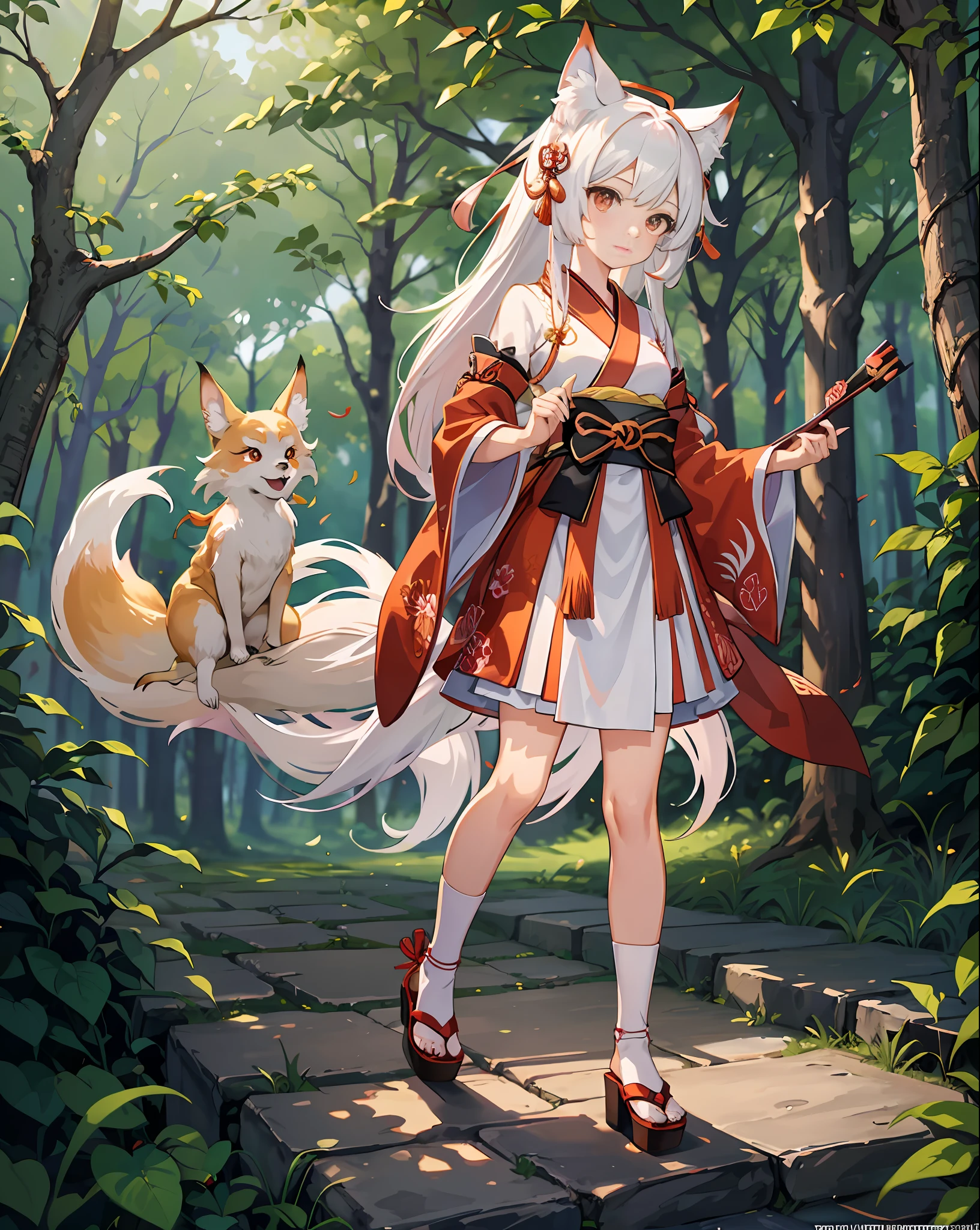 1 girl, (Yokai Nine-Tailed Fox: 1.1), Japanese dress, 10 years old, Yoki, Red and White, Shrine, Super Cute Face, Baby Face, (9 Tails Visible: 1.3), Full body, Dense, High definition, Forest, Luminous, (Extremely detailed CG unity 8k wallpaper), (masterpiece), (best quality), (ultra-detailed), ( best illustration),(best shadow)