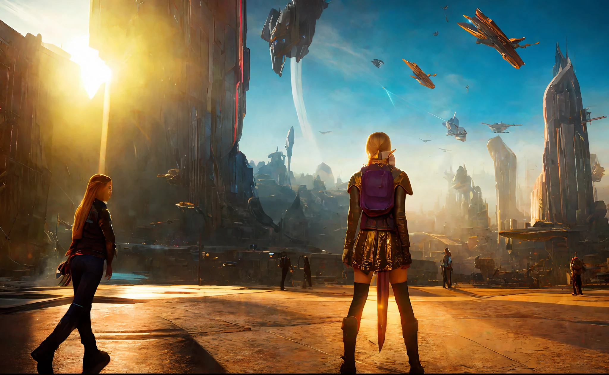 girl on the background of the city, style, Sidon, golden rays light, golden flashes, futuristic sci-fi city landscape, sci-fi, ultra-realistic, high resolution, city