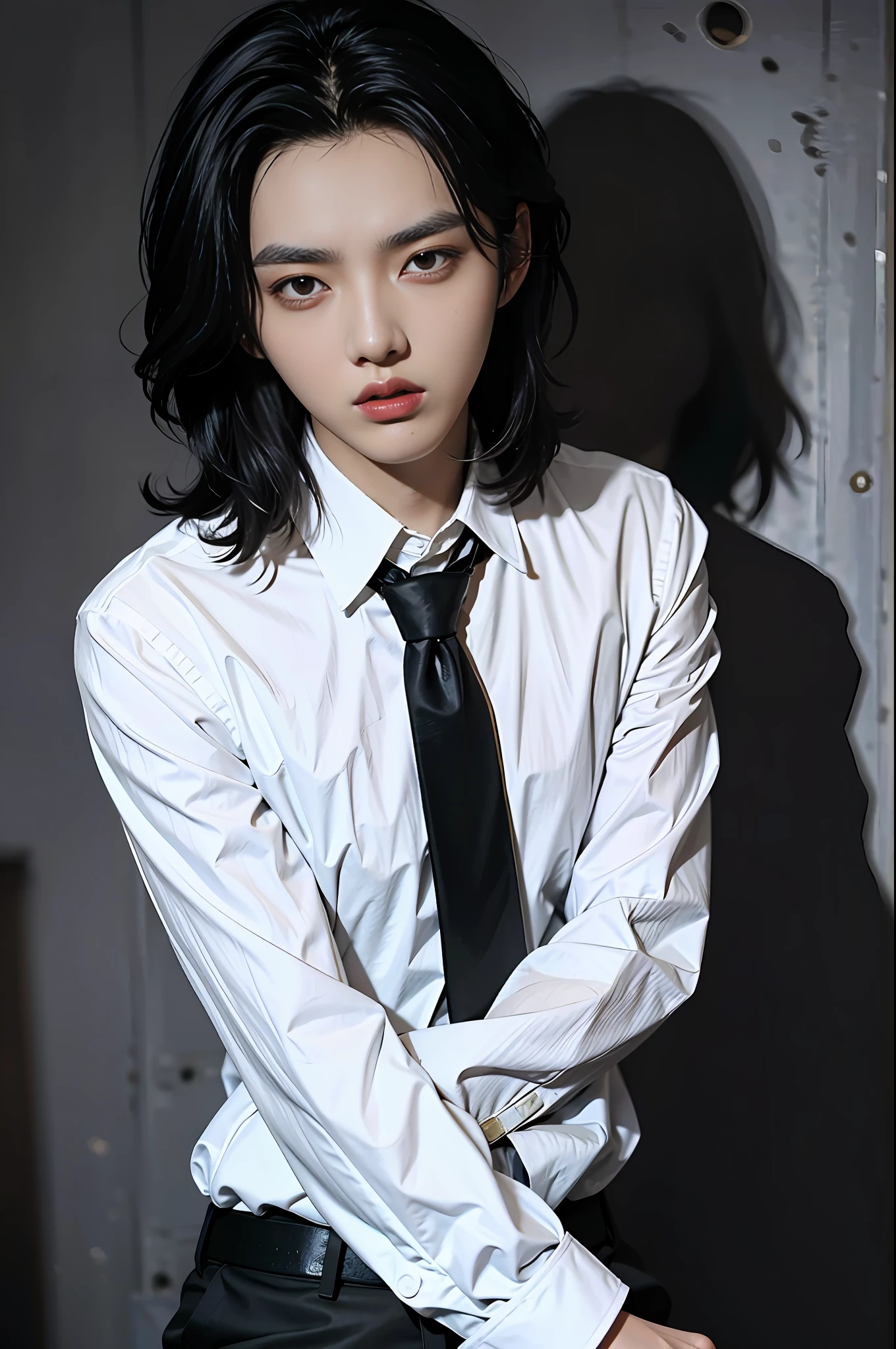 Top Quality, Masterpiece, Hi-Res, artist_name, Asian, black_hair, black_jacket, black_necktie, brown_eyes, collared_shirt, Formal, grey_background, Lips, looking_at_viewer, Tie, Nose, Real, Shirt, Solo, Suit, upper_ body, white_shirt, wing_collar,2 persons,shorts