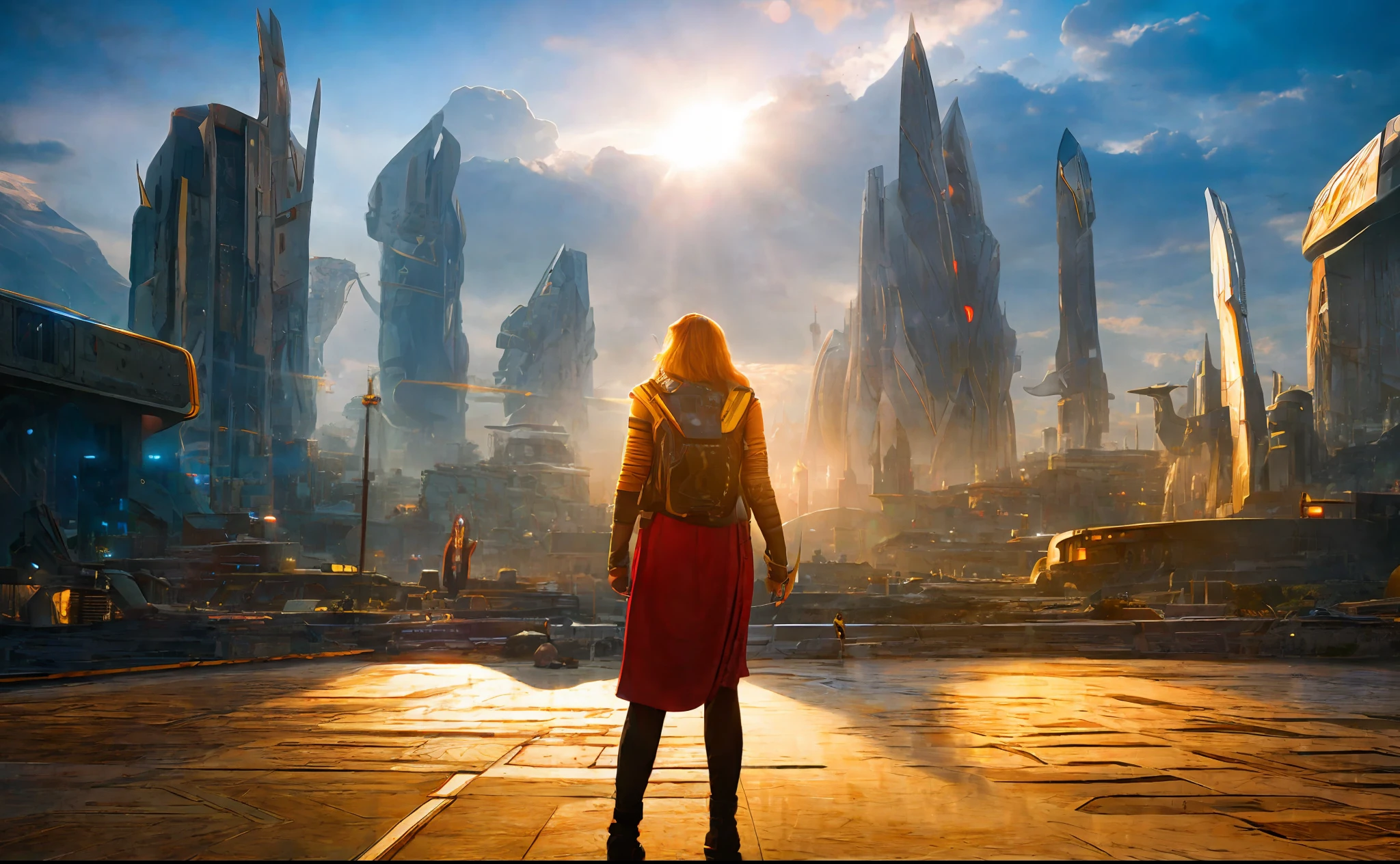 girl on the background of the city, style, Sidon, golden rays light, golden flashes, futuristic sci-fi city landscape, sci-fi, ultra-realistic, high resolution, city