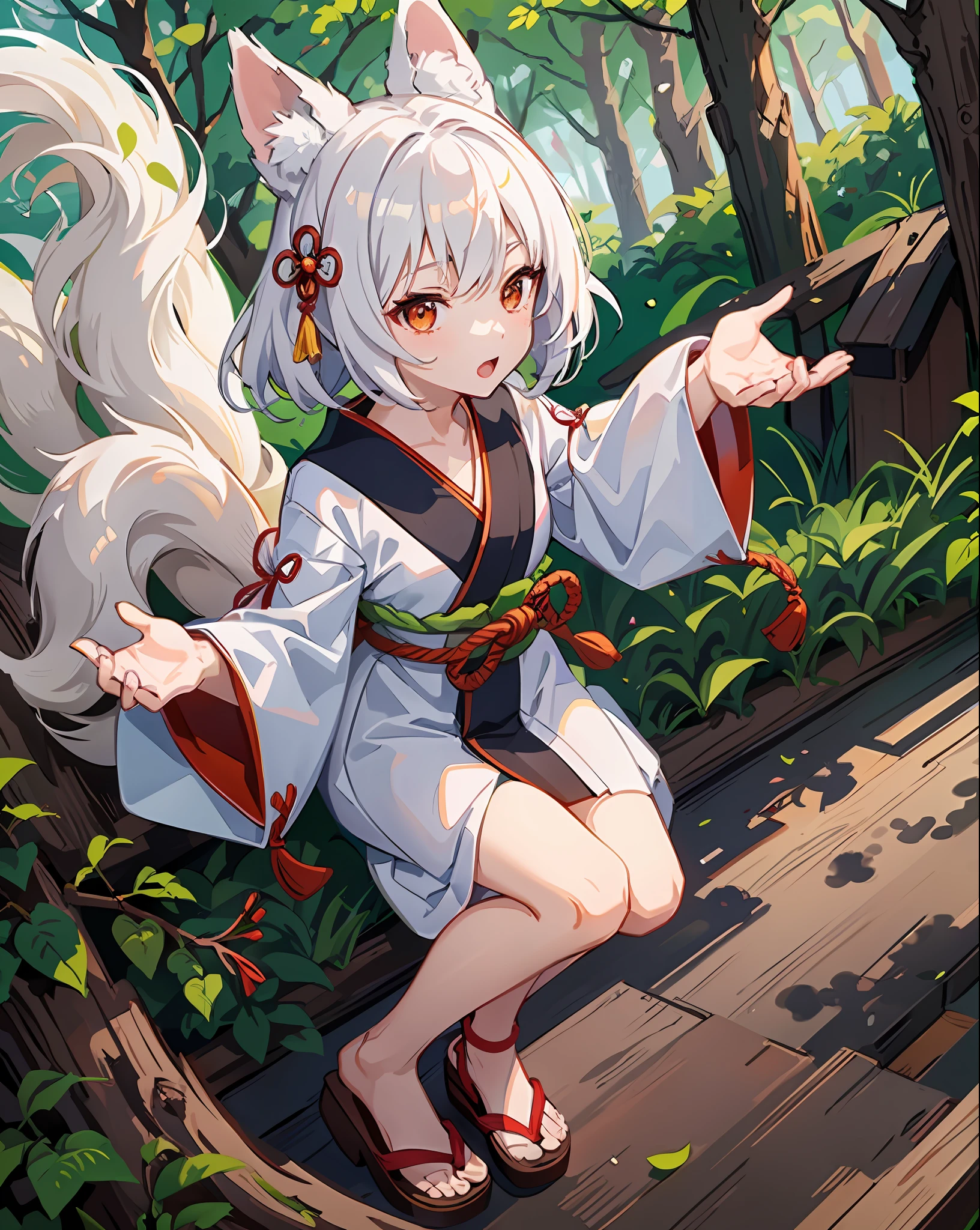 1 girl, (Yokai Nine-Tailed Fox: 1.1), Japanese dress, , Yoki, Red and White, Shrine, Super Cute Face, Baby Face, (isible: 1.3), Full body, Dense, High definition, Forest, Luminous, (Extremely detailed CG unity 8k wallpaper), (masterpiece), (best quality), (ultra-detailed), ( best illustration),(best shadow)