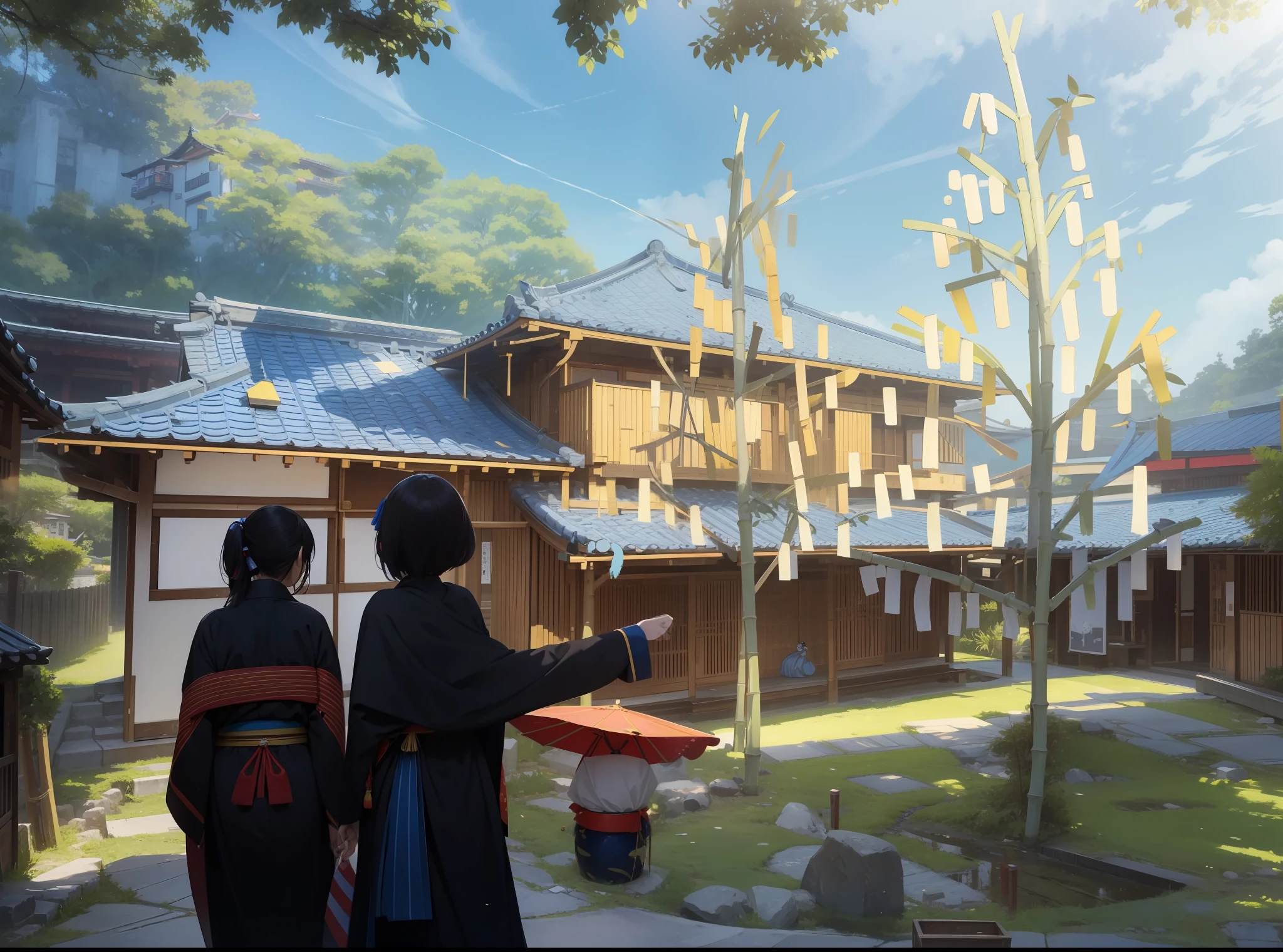 ((masterpiece)),best quality, ultra-detailed CG,high precision, Tokyo atmosphere,traditional Japanese homes],Tanabata ,Bamboo leaves,Man and woman in yukata[position:2],Back figure, man pointing with right hand, Tanabata ornament,[-:](Red & blue & yellow & white & black strip decoration on bamboo),Passionate[positive emotion], 28 years old, outdoor[location], daytime, exit to blue sky, blue sky, wide sky, enclosed sky, pale hue, Optimistic [情绪], storehouse with white wall on right, stone desk, stone chair, bright garden, fantastic color sky