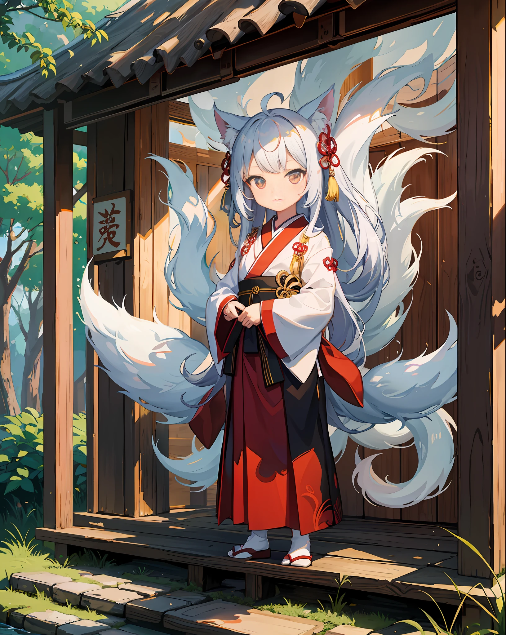 1、(Yokai Nine-Tailed Fox: 1.1), Japanese Uniform, , Yoki, Red and White, Shrine, Super Cute Face, Baby Face, (an Be Seen: 1.3), Full Body, Dense, High Definition, Forest, Luminous, (Extremely detailed CG unity 8k wallpaper), (Masterpiece), (best quality), (ultra-detailed), (best illustration),(best shadow)