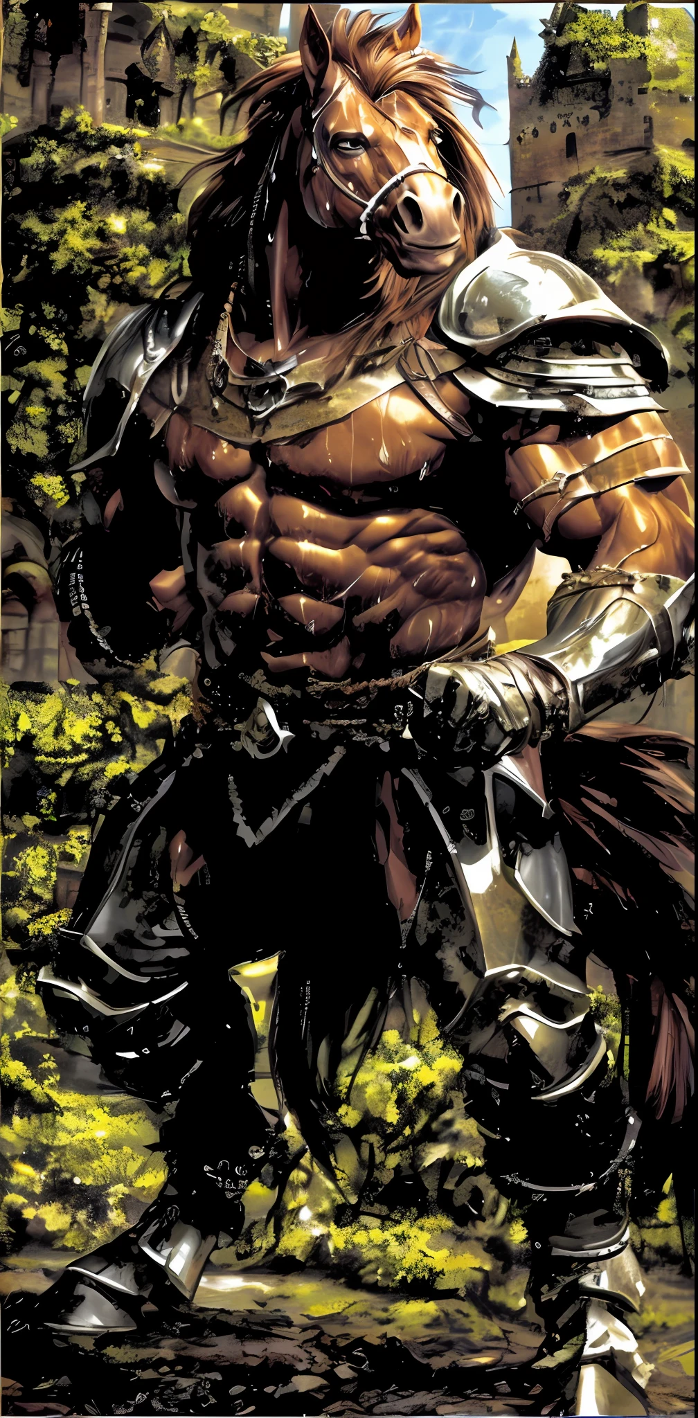 Top Quality, Castle, Gatekeeper (Highly Detailed Beautiful Face and Eyes) absurdres, Perfect Anatomy ((Beastman, Solo Focus)) (Anthro: 1.7) ((Horse Facial Features, Horse Body Features)) (Dense and Detailed Muscles)) Full Body (Fighting Pose) Armor, Spear, Medieval Warrior, (dense sweat:1.4)