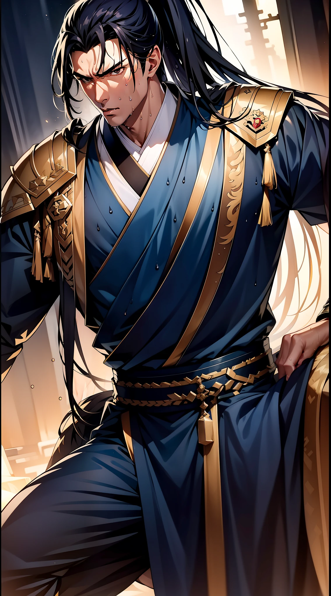 Two-dimensional, anime style, man (male warrior), muscle, correct proportions, face details, martial arts, high ponytail hairstyle, sweating, sweaty face, drooling, neck details, with Adam's apple, wet, wet, Hanfu costume, long robe, embroidered robe, dragon robe, clothing details, collar, long sleeves, game quality, swordsman demeanor, light and shadow tracing, ray tracing, detail glow, CG rendering, hair details, long black hair, golden eyes, sweaty face, handsome, handsome, sweat beads slipping down the neck, (juvenile feeling), complex clothing, wet, wet, perfect composition, refinement, high quality, more details, a lot of details, complex background, atmosphere,