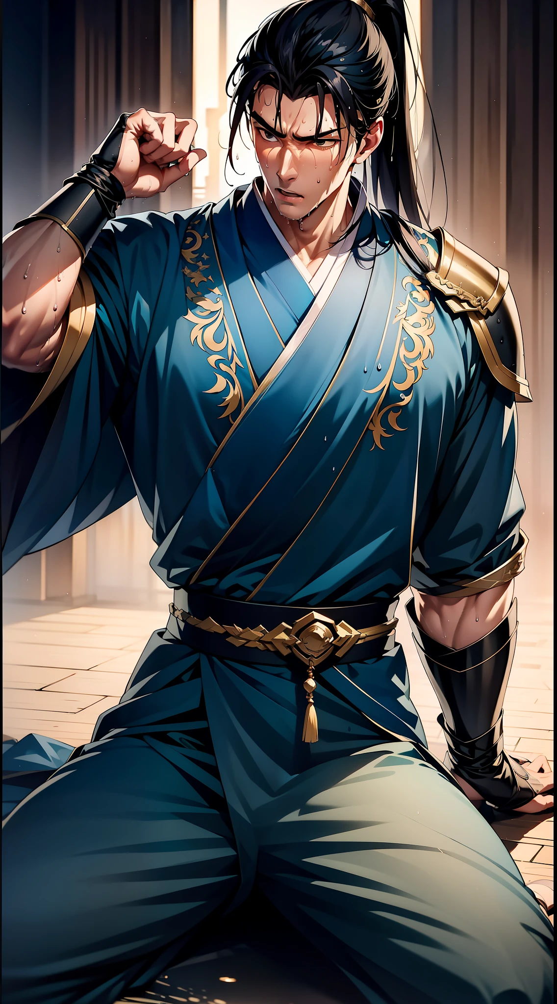 Two-dimensional, anime style, man (male warrior), muscle, correct proportions, face details, martial arts, high ponytail hairstyle, sweating, sweaty face, drooling, neck details, with Adam's apple, wet, wet, Hanfu costume, long robe, embroidered robe, dragon robe, clothing details, collar, long sleeves, game quality, swordsman demeanor, light and shadow tracing, ray tracing, detail glow, CG rendering, hair details, long black hair, golden eyes, sweaty face, handsome, handsome, sweat beads slipping down the neck, (juvenile feeling), complex clothing, wet, wet, perfect composition, refinement, high quality, more details, a lot of details, complex background, atmosphere,