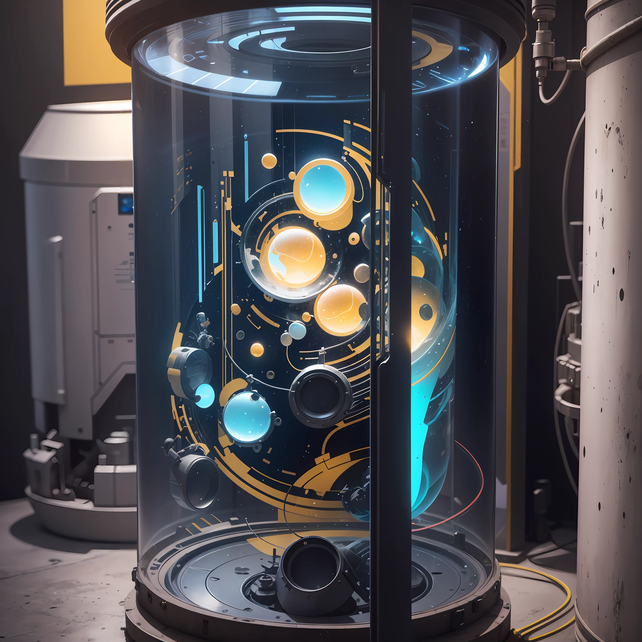 Unreal Engine rendered, real, hyper-real, inside the capsule, a small tank with control equipment is placed in the center, looking in from the corridor of the capsule, a small part of the tank is transparent, emits a faint blue light, strong metallic texture, high quality, side view, there are a large number of luminous particles floating in the tank, cylindrical jar, vertical glass wall, there are pipes connected to the tank,