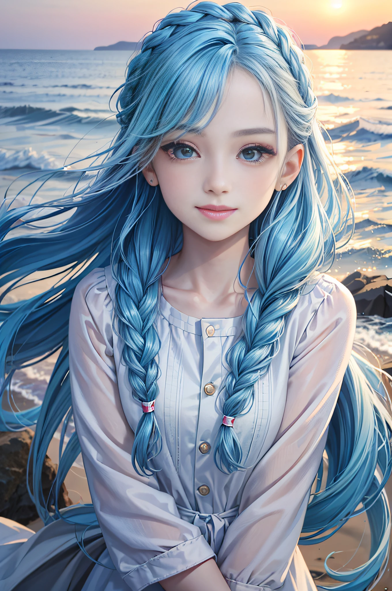 (Facial Focus), (1 Girl, Female, Woman, Solo, Pale Skin, Casual Fashion, Kawaii), (Long Hair, Single Braided Hair, Light Blue Hair, Cute Face, Light Smile), (By the Sea), Milky Way, Sunset,