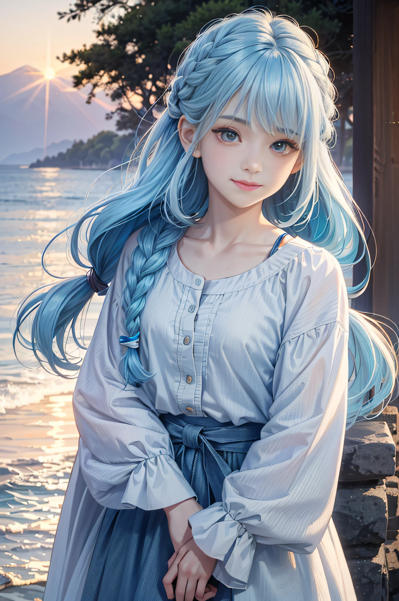 (Facial Focus), (1 Girl, Female, Woman, Solo, Pale Skin, Casual Fashion, Kawaii), (Long Hair, Single Braided Hair, Light Blue Hair, Cute Face, Light Smile), (By the Sea), Milky Way, Sunset,