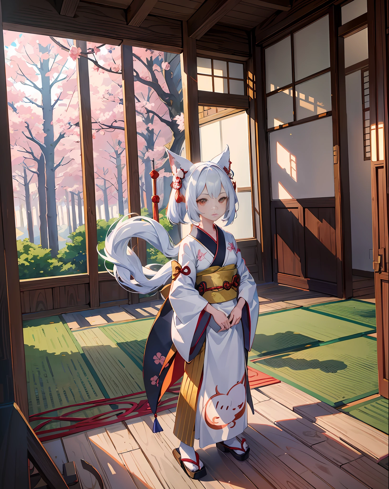 1 girl, (Yokai Nine-Tailed Fox: 1.1), Japanese dress, 10 years old, Yoki, Red and White, Shrine, Super Cute Face, Baby Face, (9 Tails Visible: 1.3), Full body, Dense, High definition, Forest, Luminous, (Extremely detailed CG unity 8k wallpaper), (masterpiece), (best quality), (ultra-detailed), ( best illustration),(best shadow)