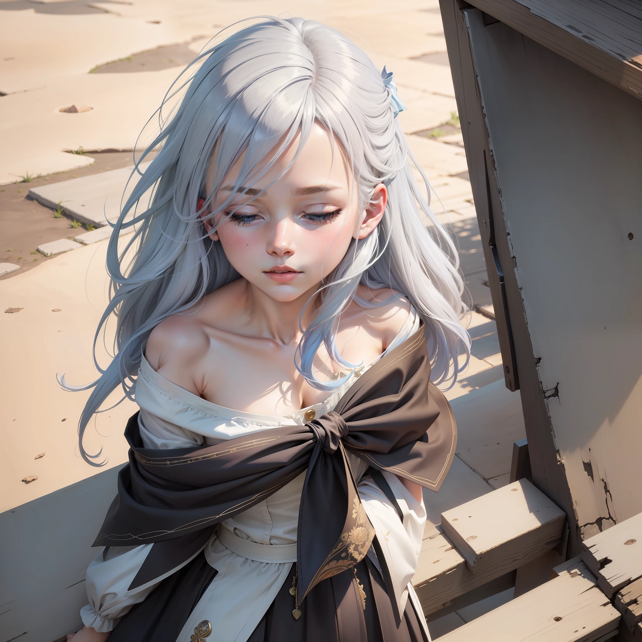 streaked hair, hair bow, half-closed eyes, sigh, A girl, Genre painting, jpeg artifacts, 1080P, highres, super detail, textured skin, masterpiece