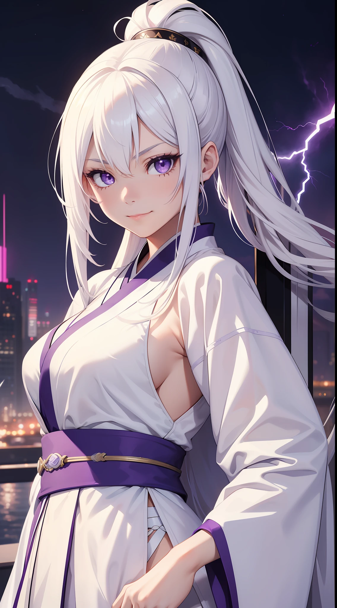 Young girl, long white hair, high ponytail, purple eyes, white hanfu, smirk, ice claws, lightning, masterpiece, high quality