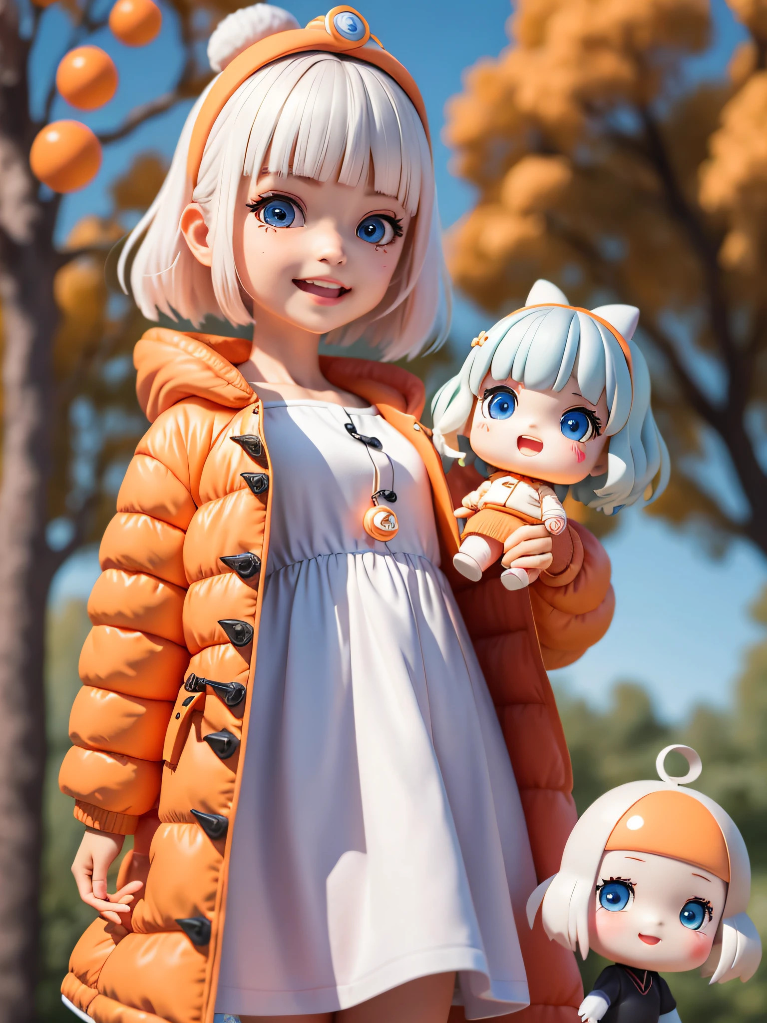 (Daisaku), (Extreme), (Ultra Detailed), (Prime: 1.9), 1girl, Sunshine, Cute, Orange, (Big Head: 1.8), Doll, Smile, Open Mouth, Urban, Fashion, Coat, Blush, Tree, Shirt, Short Hair, Orange, White Headdress, Blurry, Long Sleeves, Bangs, White Hair, (Beautiful and Delicate Face), (Beautiful and Delicate Eyes),