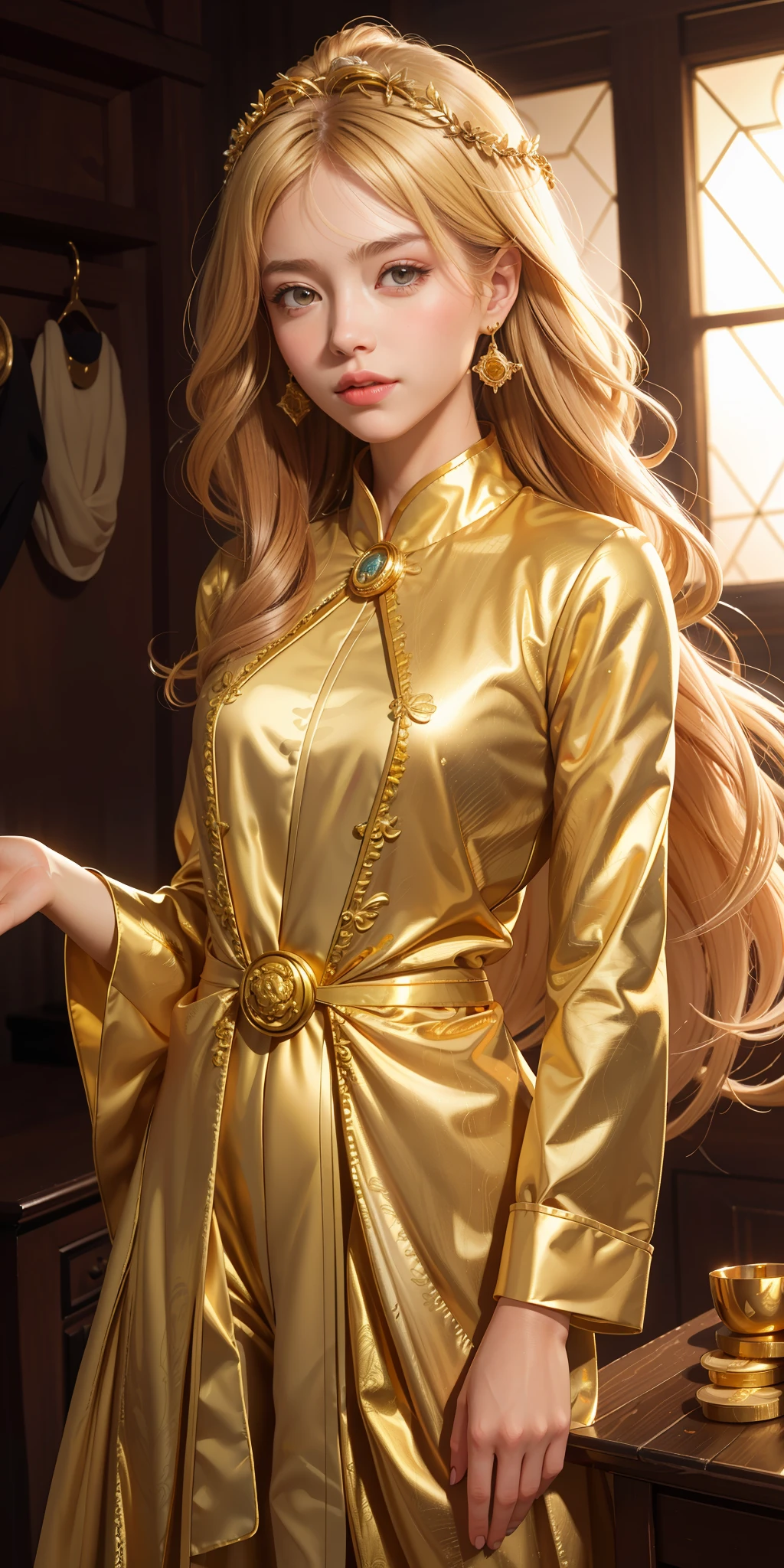 A girl, gold clothes, scattered gold coins, looking at the camera, exquisite facial features, random hair color, 8k, ultra-clear