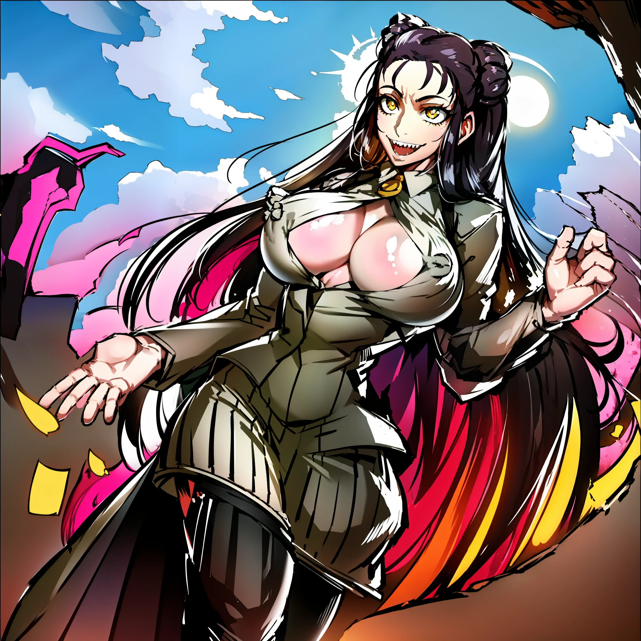 annangle,huge chest, curved, female,fantasyhere is a cartoon picture of a woman with a very large chest, , vest, pants, black hair, sacred aura, inspired by Luma Red, the non-binary deity of spring, ethereal rainbow nimbus, the butterfly goddess of fire, inspired by Marie Angel, will have shining around her, like the sun goddess, "uwu the prismatic person, big breast, happy, beautiful eyes, , full body, walking, long dress, long dre, nun, priestess, saint, body of venus, bent, huge chest, forest, walking, smile, sharp teeth, black coats, coat, jacket, maid, butler, pantyhose, jacket, shirt, black cloths, body suit, maid,,pants,skirt