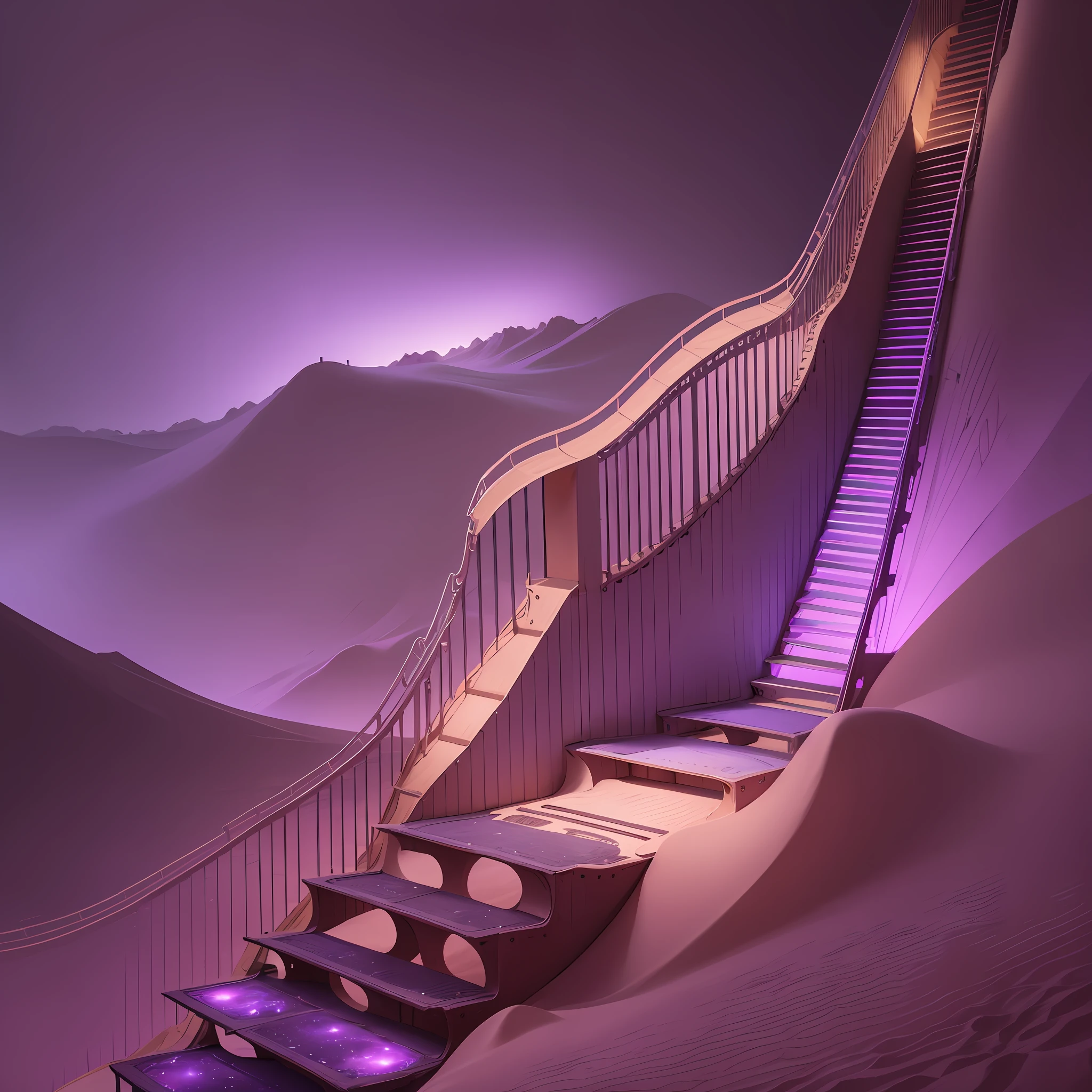 It generates a senary of the ladder of a ship out of a purple desert, it is not necessary for the whole ship in the drawing only the staircase but it has to have a more mechanical aspect and of an airplane ladder and pass a greater depth and volume in the drawing in the purple desert, details of purple color very vivid and flashy --auto --s2