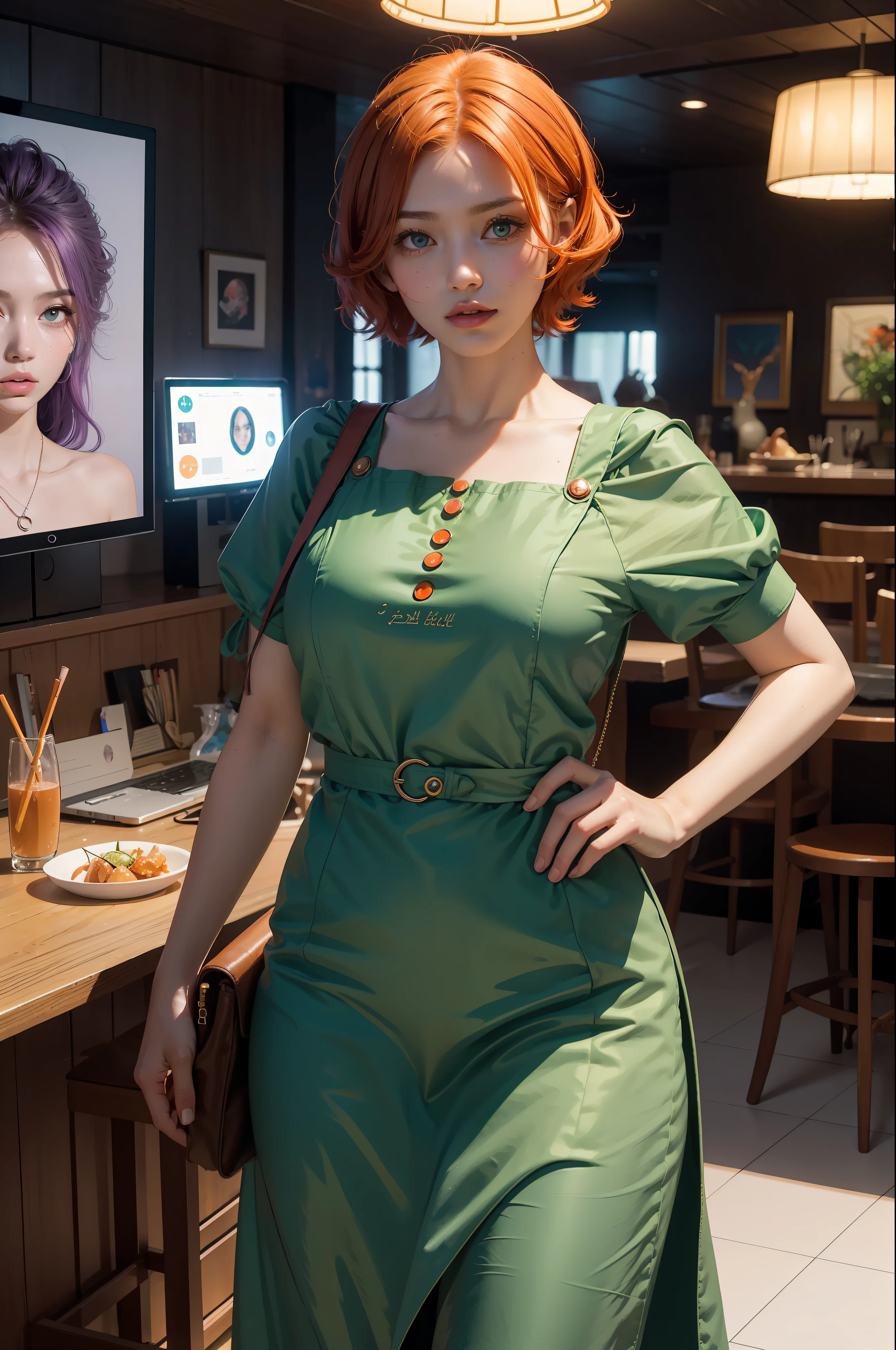 concept art, overhead angle of a Will-o'-the-wisp, wearing Funny Somali Emerald deep orange Pinafore, Caramel hair styled as Short hair, fluorescent purple Hair tie, equirectangular 360, Highres,  [(art by Willi Baumeister:1.1), (art by John T. Biggers:1.2)::17], official art, unity 8k wallpaper, ultra detailed, aesthetic, masterpiece, best quality, photorealistic
