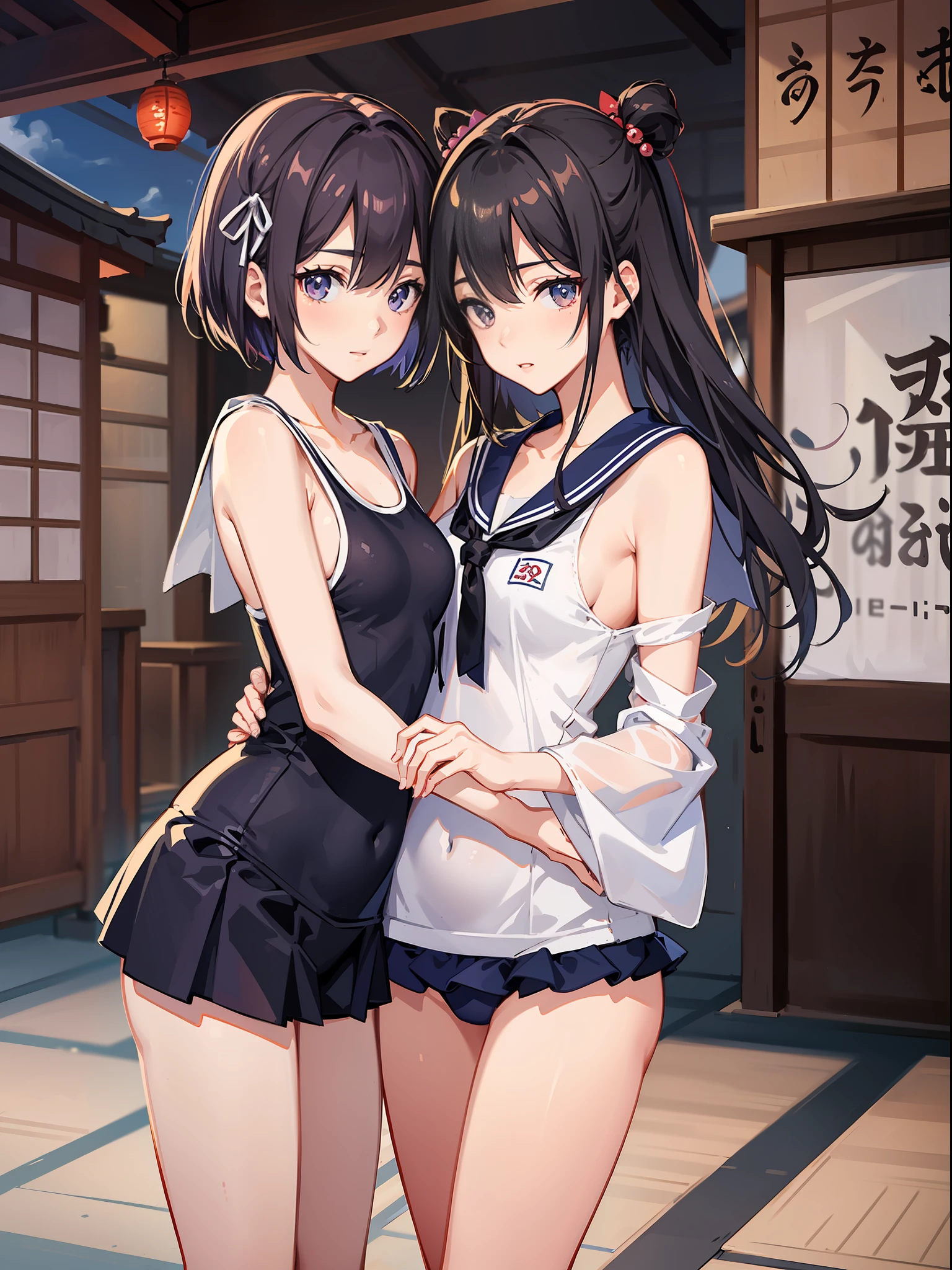 {2 slender beauties of Japan}, {Yuri}, hugging and staring, holding hands, high definition, best quality, super detail, {full body}, sailor school swimsuit, close eyes
