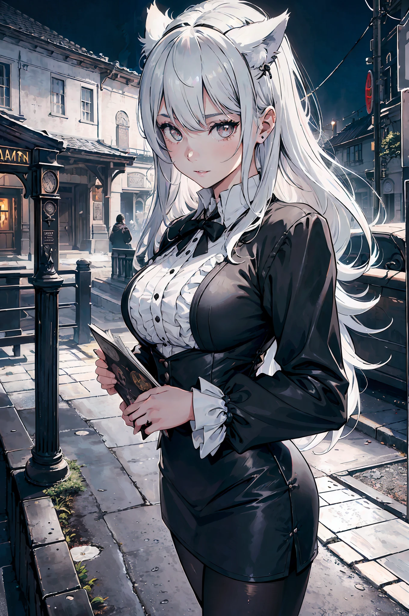 detailed art, ultra-detailed, 150mm analog lens, complex details, hyperrealistic, ultra-detailed, octa-based rendering, 8k post-production, iridescent colors, night, (realistic, photo-realistic:1.4), gloomy atmosphere, moonlight, detective, victorian theme, antiquity, steampunk, men of medan, gloom, cthulhu, fog, ((1girl)), girl, ((black and white hair)), wolf ears, half hair black, half hair white, two-tone hairstyle, thigh-length, white hair, 2 hair tones, 2 hair colors, dark, very dark, nighttime, no bright light, lovecraft, ((horror)), fear, ((Lovecraft)), evil smile, voluminous soft light, lilac eyes, gray eyes,
